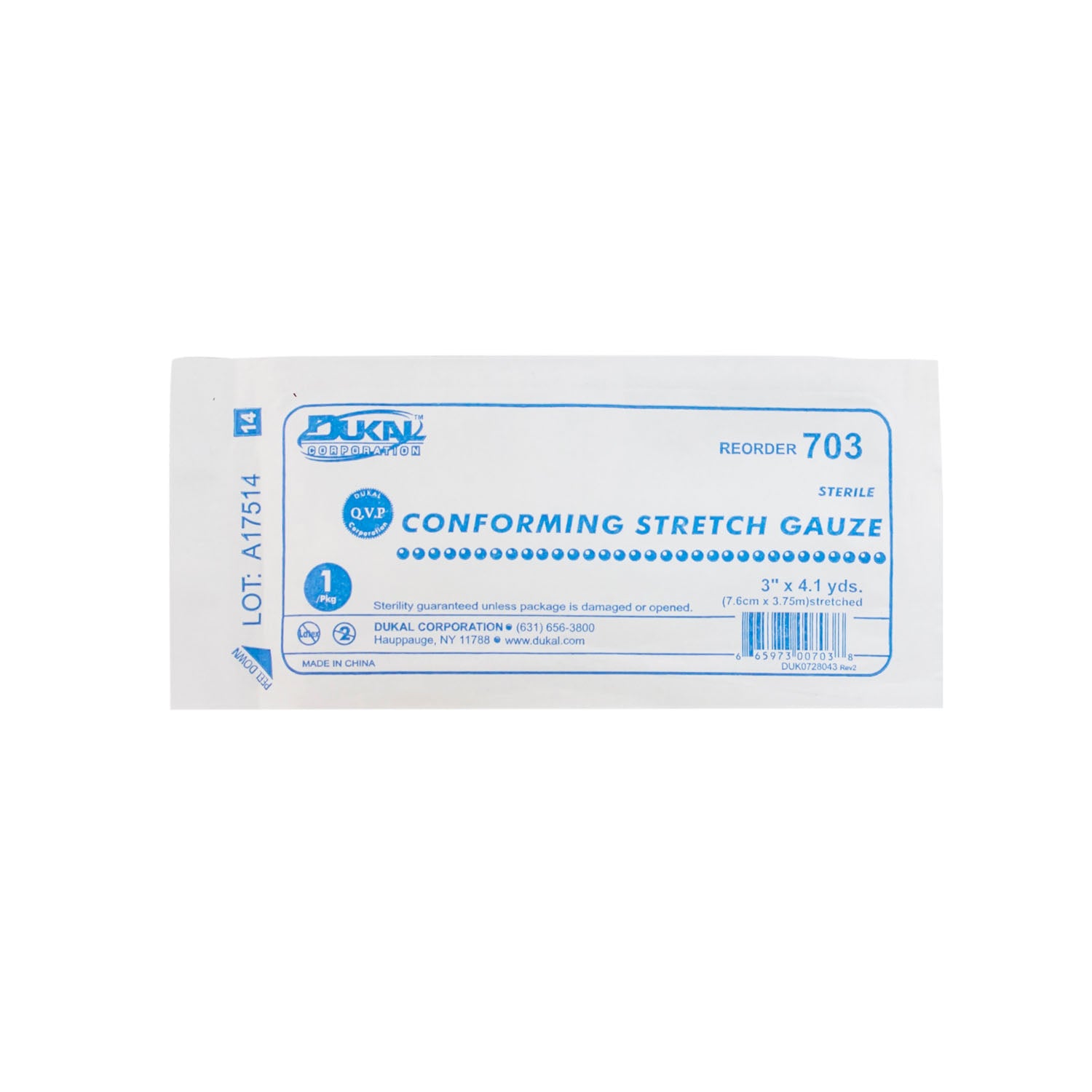 703 - Dukal 公司 - 彈性紗布，3 英吋 x 4.1 碼，無菌，1 片/包，12 包/盒，8 盒/箱，箱裝