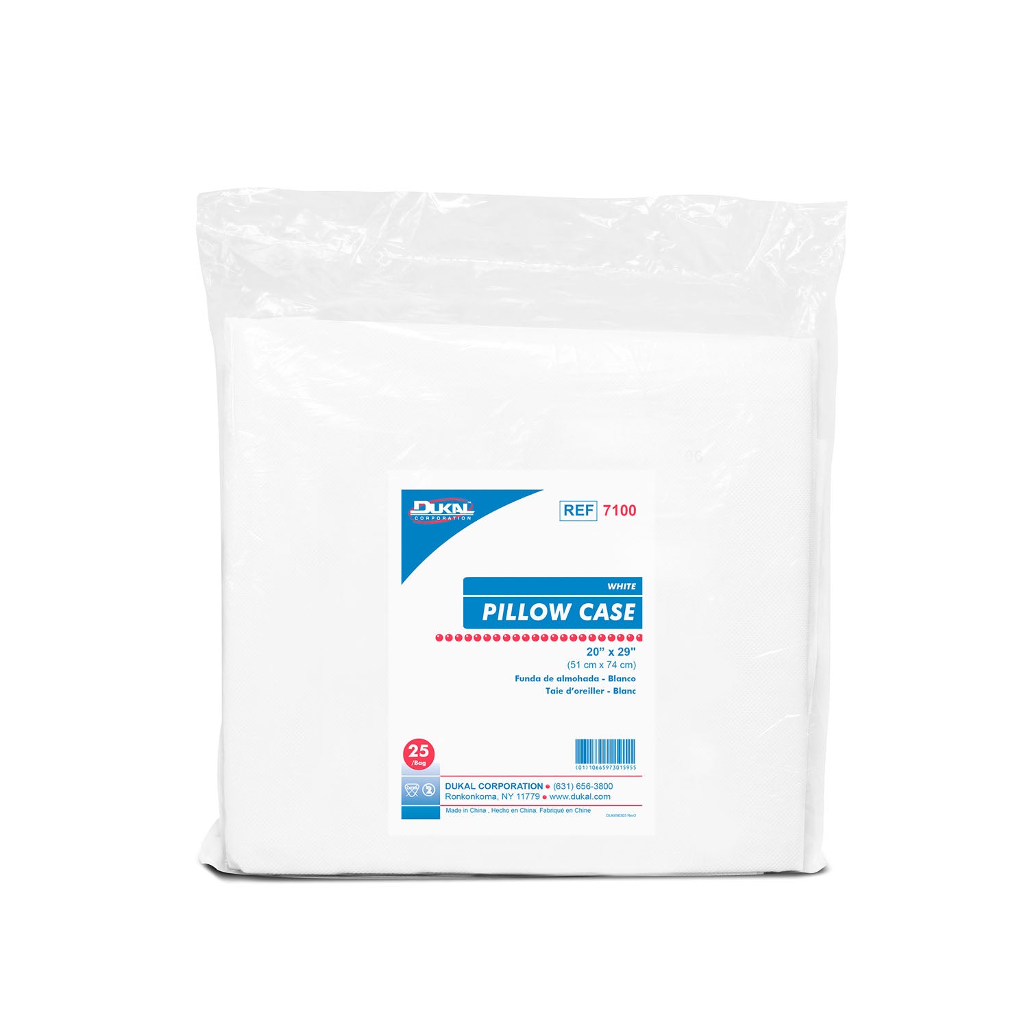 7100 - Dukal Corporation - Funda de almohada, 20" x 29", resistente a líquidos, blanca, desechable, 25/bolsa, 4 bolsas/caja, caja