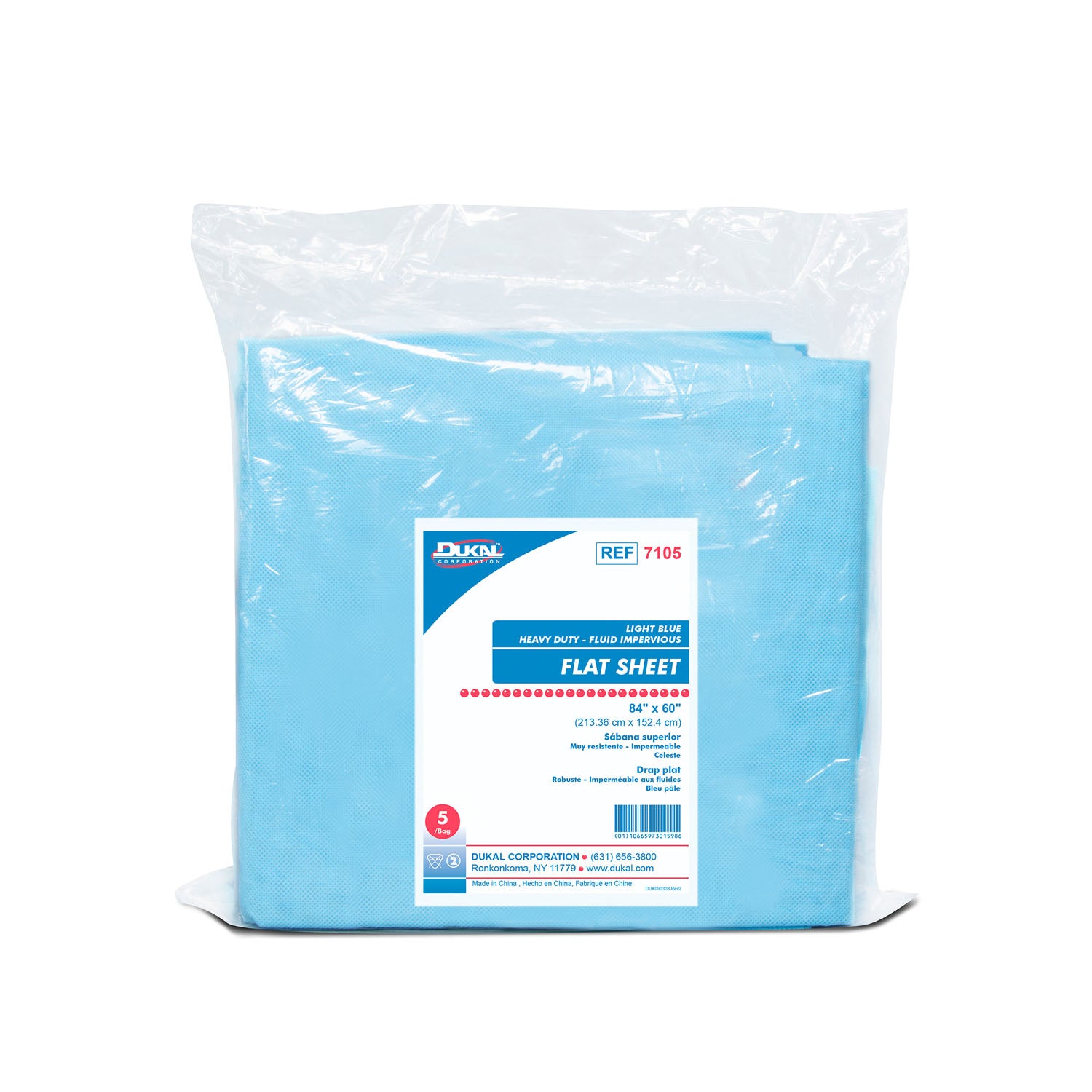 7105 - Dukal Corporation - Sábana ajustable extra resistente a líquidos, 182,8 cm x 76,2 cm x 56,8 cm, azul claro, 5/bolsa, 20 bolsas/caja, caja