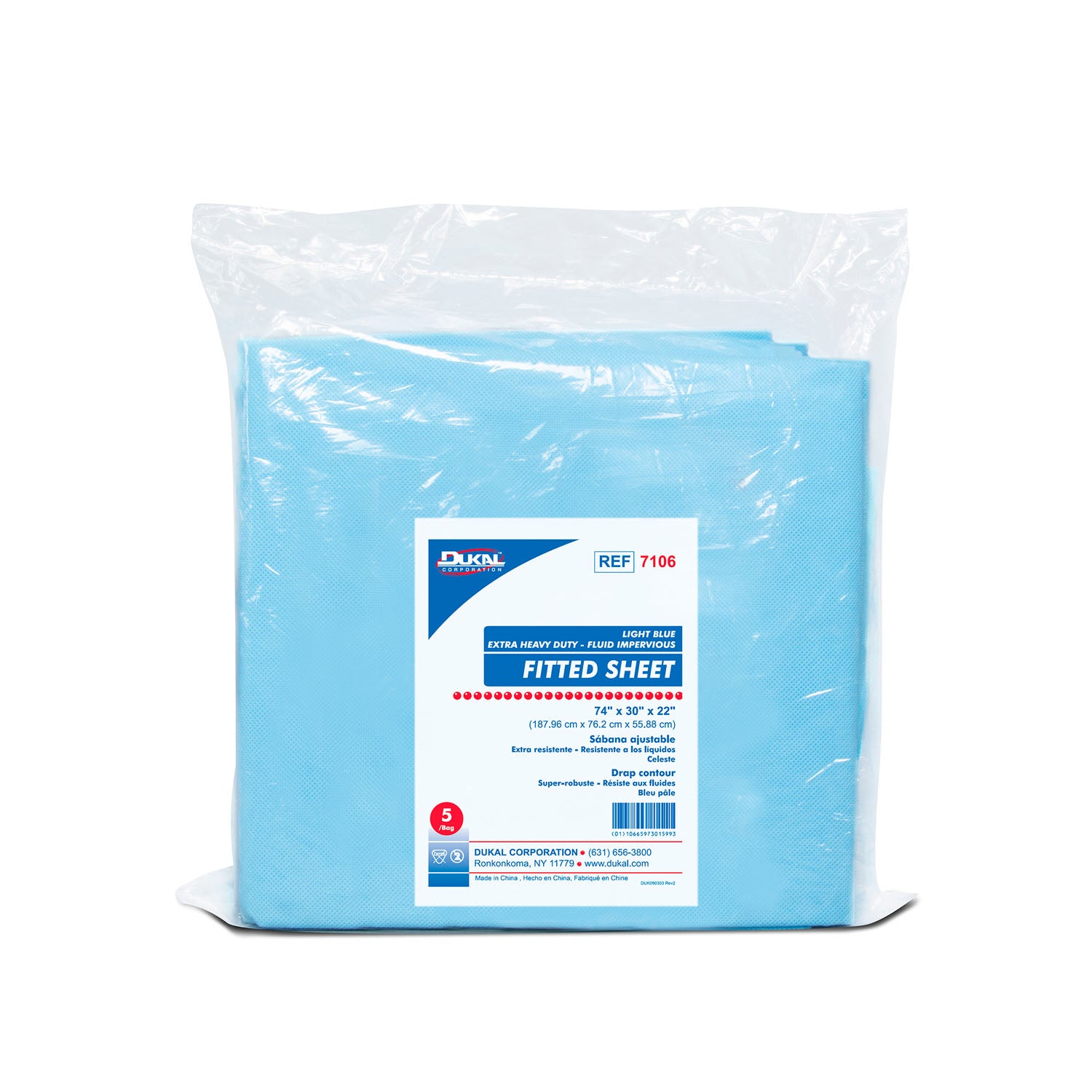 7106 - Dukal Corporation - Fitted Sheet, Heavy Duty Fluid Impervious, 74" x 30" x 22", Lt. Blue, 5/bg, 10 bg/cs (28 cs/plt)    , cs