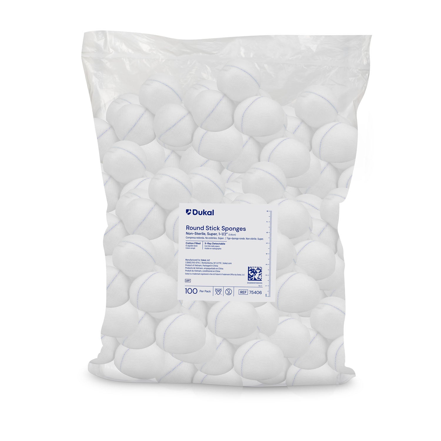 75406 - Dukal Corporation - Esponja redonda, rellena de algodón, detectable por rayos X, Super 1½", no estéril, 100/paquete, 5/paquete, caja