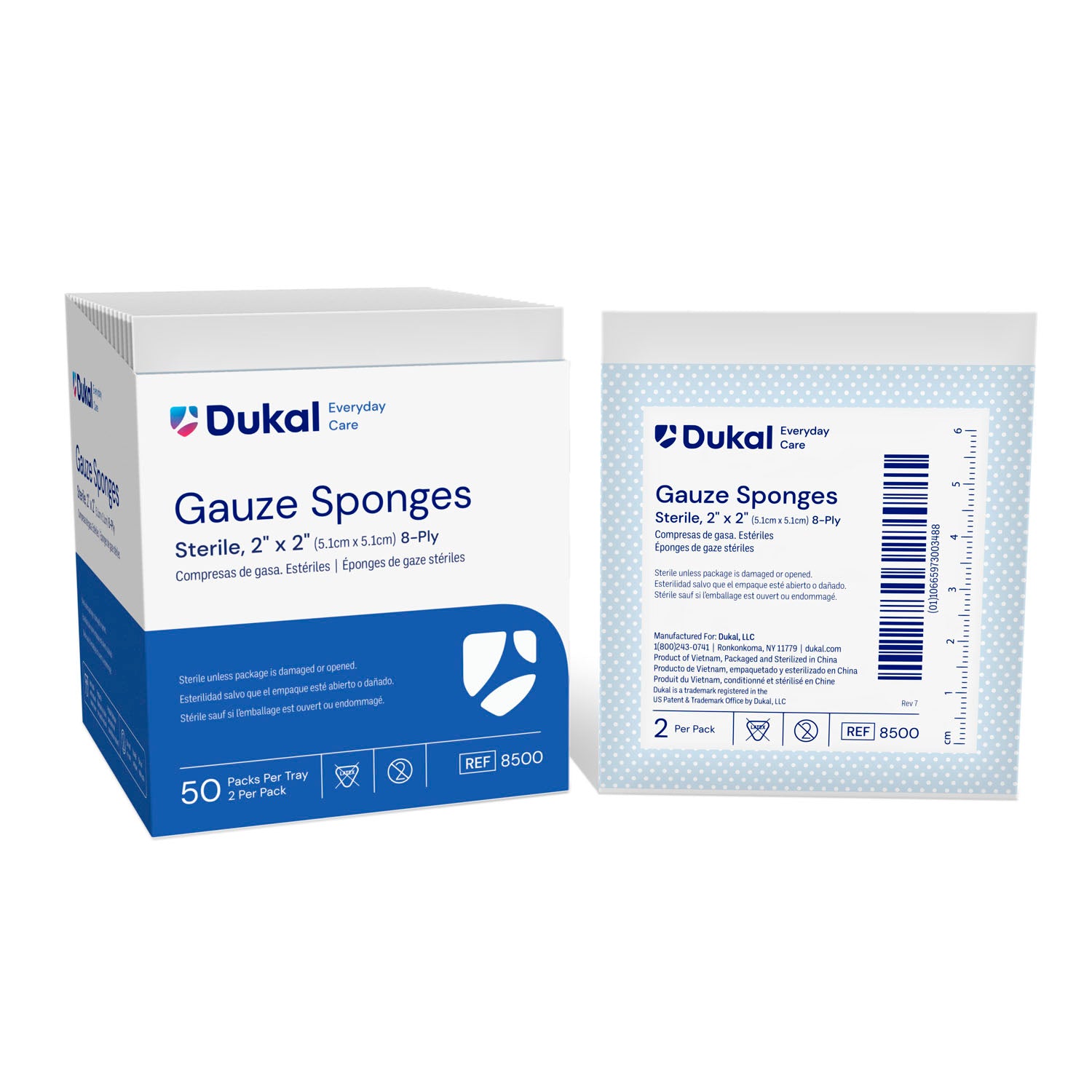 8500 - Dukal Corporation - Gauze Sponge, 2" x 2", Sterile, 8-Ply, 2/pk, 50 pk/bx, 30 bx/cs    , cs