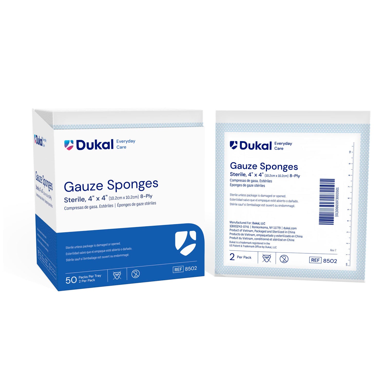 8502 - Dukal Corporation - Esponja de gasa, 4" x 4", estéril, 8 capas, 2/paquete, 50 paquetes/caja, 12 cajas/caja (40 cajas/plt), caja