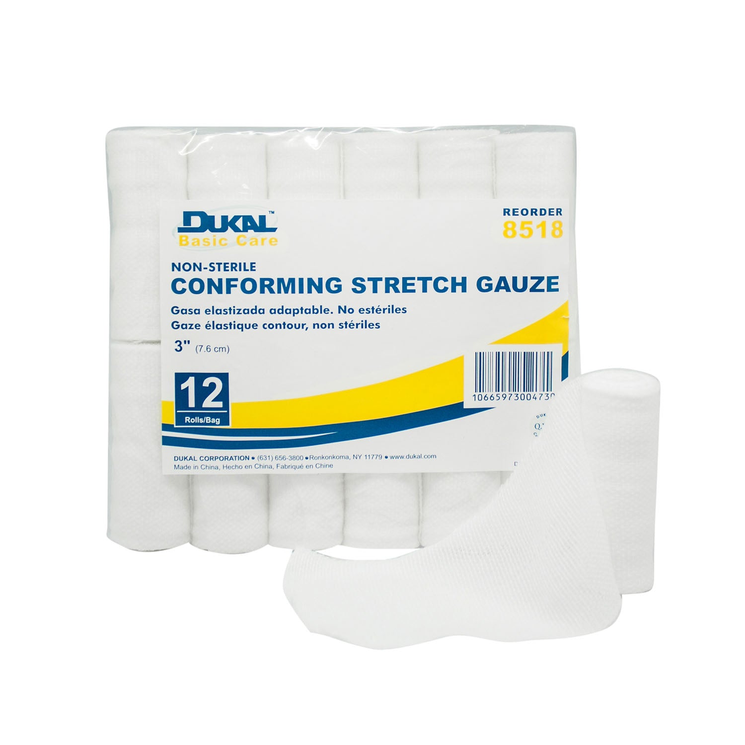 8518 - Dukal Corporation - Gasa elástica adaptable, 3" no estéril, 12 rl/bolsa, 8 bolsas/caja (180 cajas/plt), caja
