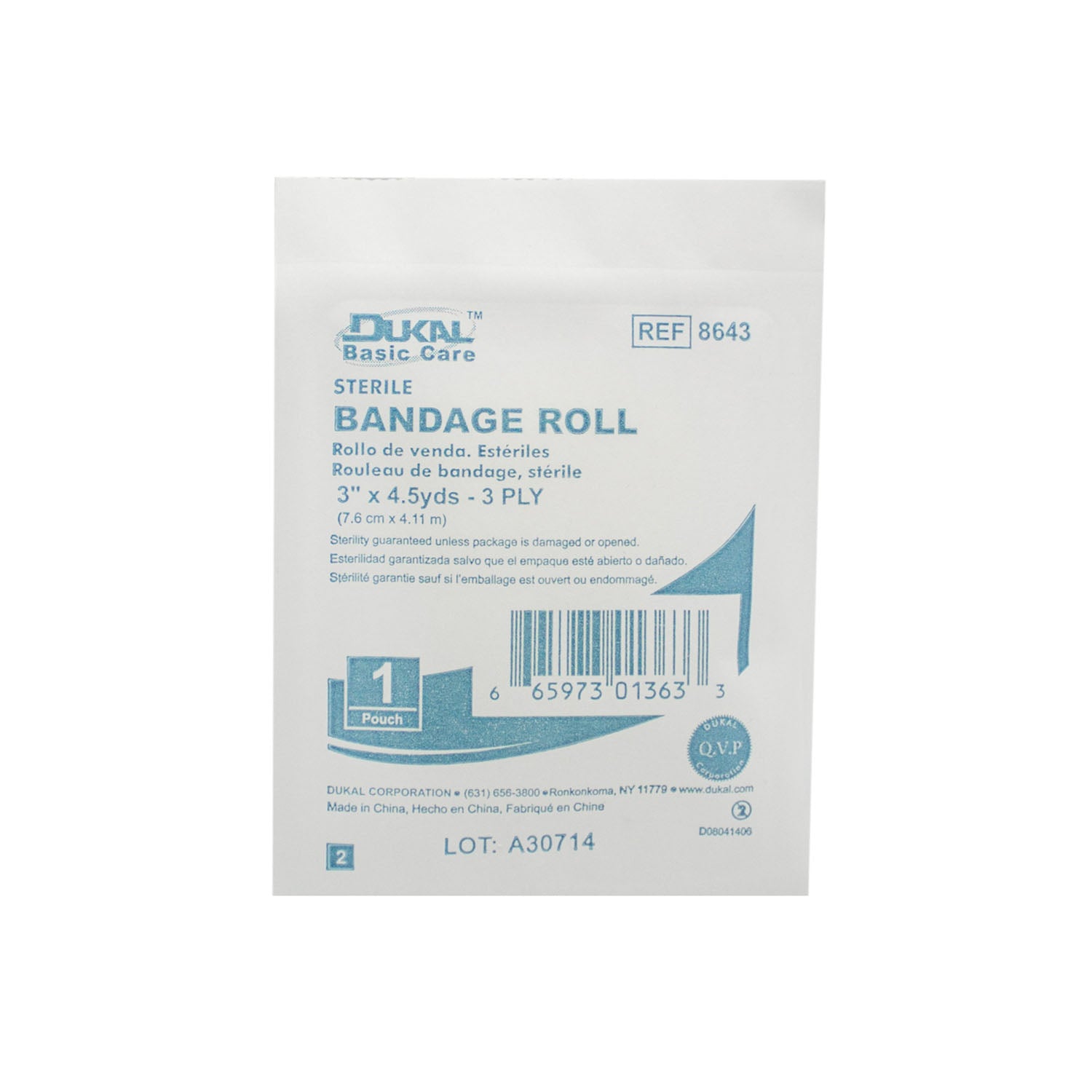 8643 - Dukal Corporation - Basic Care Fluff Bandage Roll, 3" x 4.5 yd, 3ply, Sterile, 1 rl/bg, 96 bg/cs    , cs