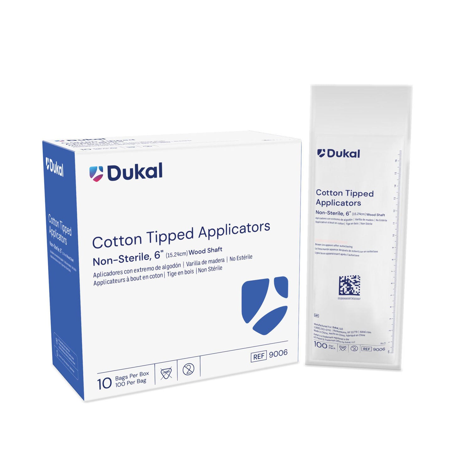 9006 - Dukal Corporation - Aplicador, punta de algodón de 6", no estéril, 100/bolsa, 10 bolsas/caja, 10 cajas/caja (36 cajas/plt), caja