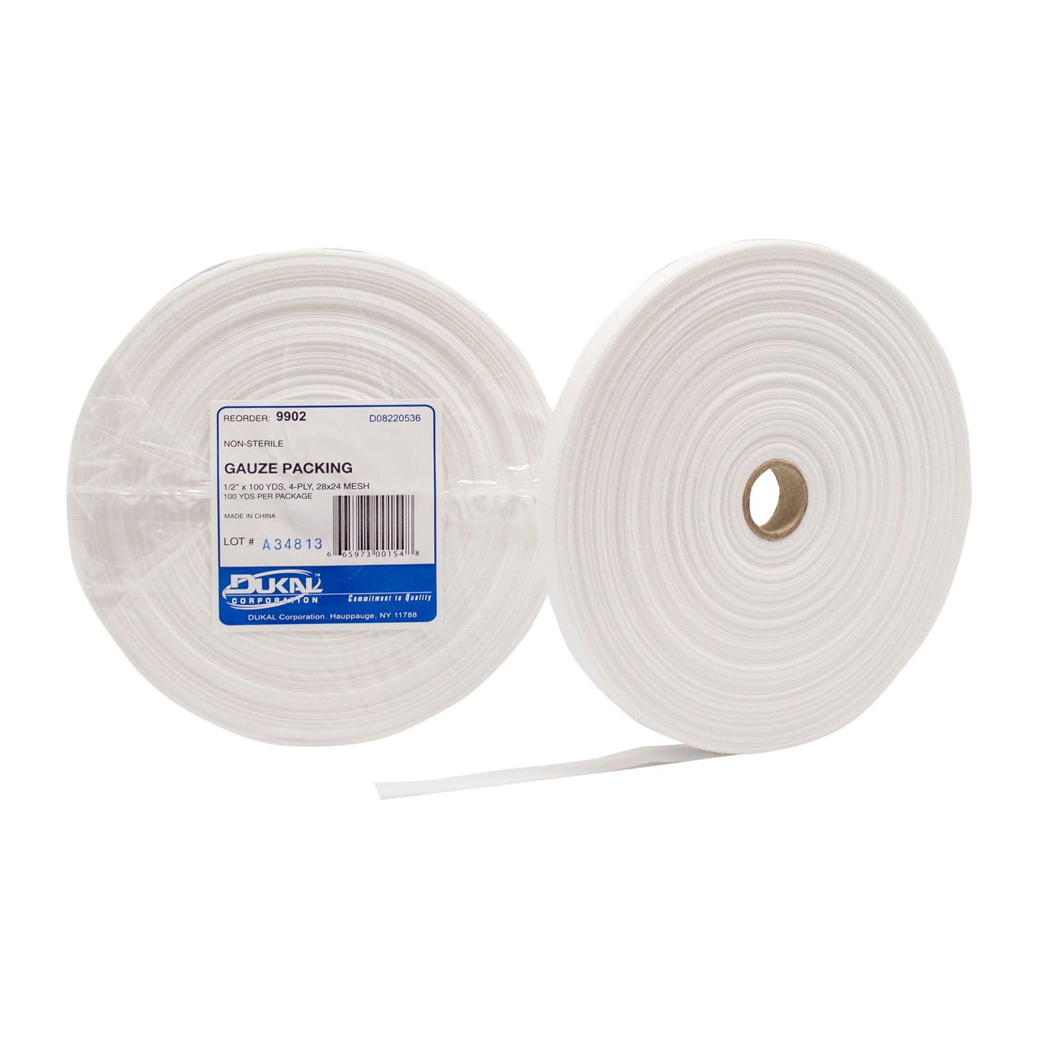 9902 - Dukal Corporation - Empaque de gasa, no estéril, malla de 28 x 24, ½" x 100 yardas, 4 capas, 10/caja