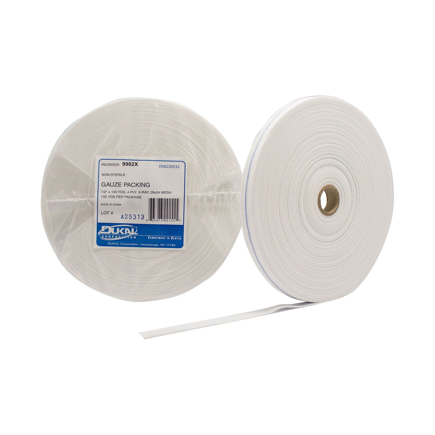 9902X - Dukal Corporation - Gauze Packing, Non-Sterile, 28 x 24 Mesh, ½" x 100 yds, 4-Ply, X-Ray Detectable, 10/cs    , cs