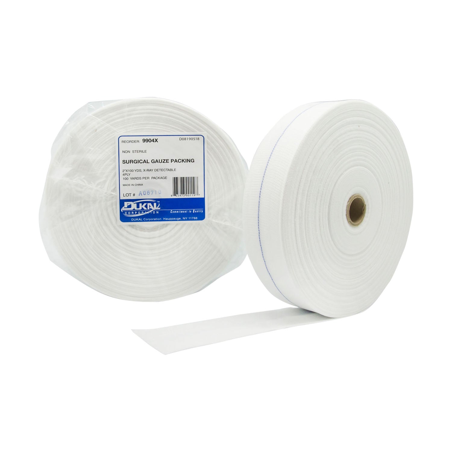 9904X - Dukal Corporation - Empaque de gasa, no estéril, malla de 28 x 24, 2" x 100 yardas, 4 capas, detectable por rayos X, 10/caja