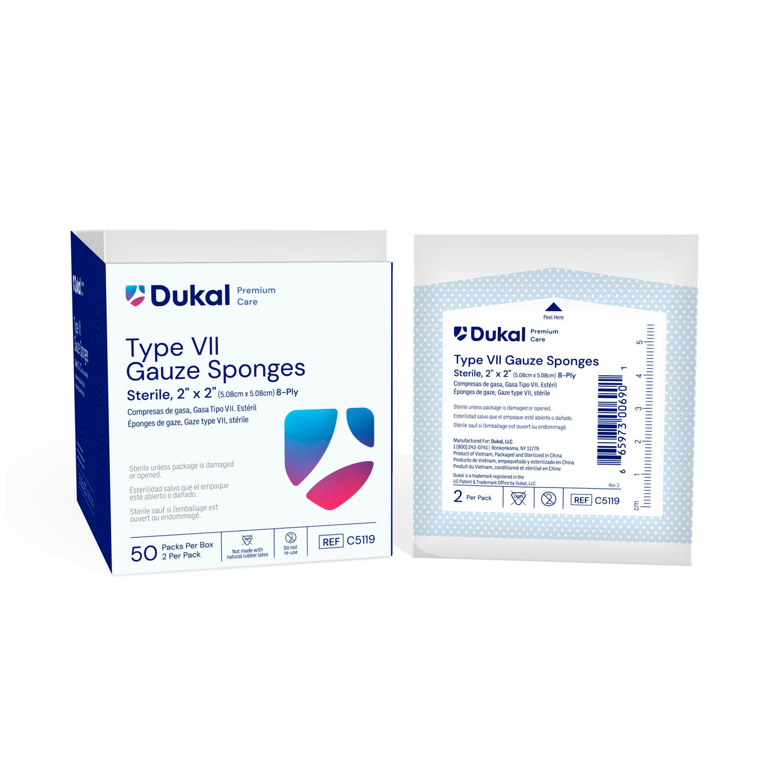C5119 - Dukal Corporation - VII型無菌紗布海綿，2英寸 x 2英寸，8層，2片/包，50包/盒，30盒/箱（42箱/層），箱裝