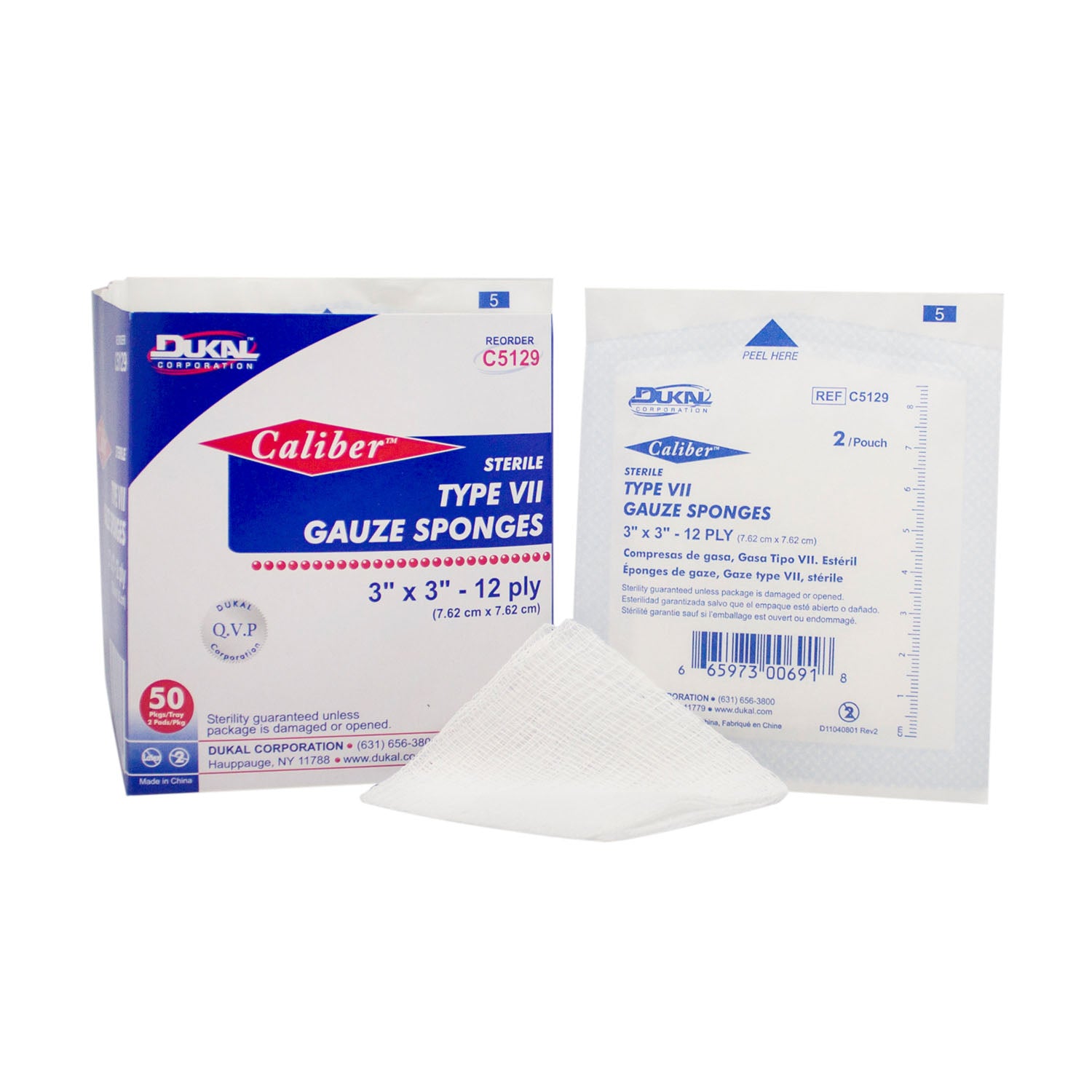 C5129 - Dukal Corporation - Gauze Sponge, Type VII, Sterile, 3” x 3”, 12-Ply, 2/pk, 50 pk/bx, 24 bx/cs    , cs