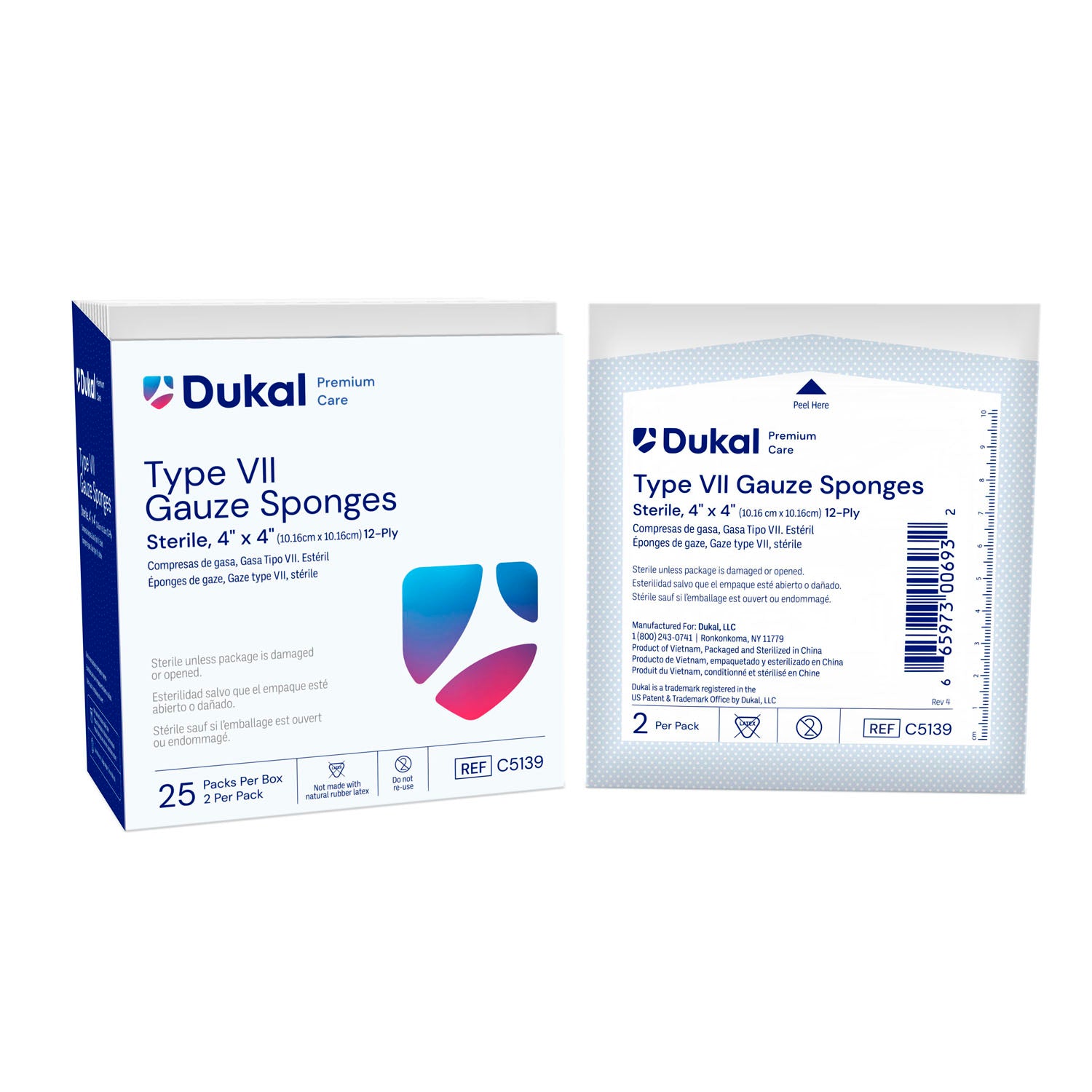 C5139 - Dukal Corporation - VII型無菌紗布海綿，4英寸 x 4英寸，12層，2片/包，25片/盒，24盒/箱（28箱/層），箱裝