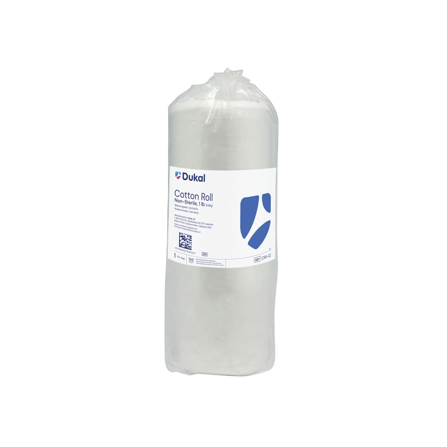 CR1-12 - Dukal Corporation - Rollo de algodón, 1 lb, no estéril, 1 rl/bolsa, 12 bolsas/caja (32 cajas/plt), caja