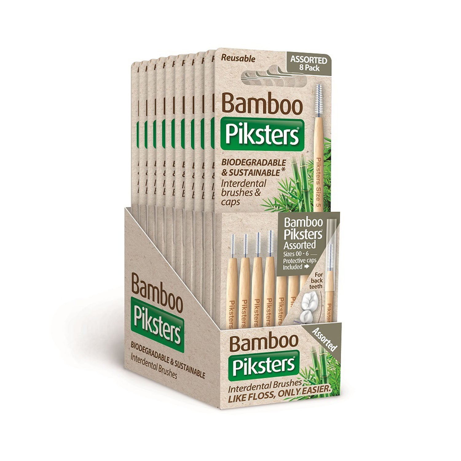 PKB-8-A - Dukal Corporation - Cepillos interdentales de bambú Piksters, tamaño 00-6, paquete de 8, paquete de 10, caja