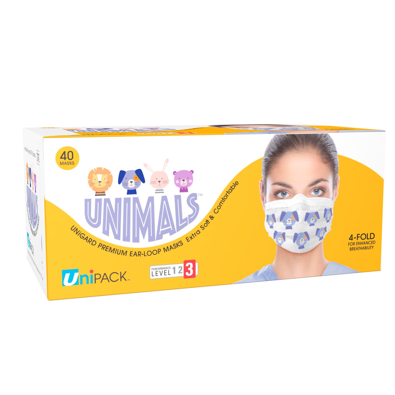 ULM-6372 - Dukal Corporation - Mascarilla, Nivel 3, con lazo para la oreja, estampado animal UniMals, 40/caja, 20/caja, caja