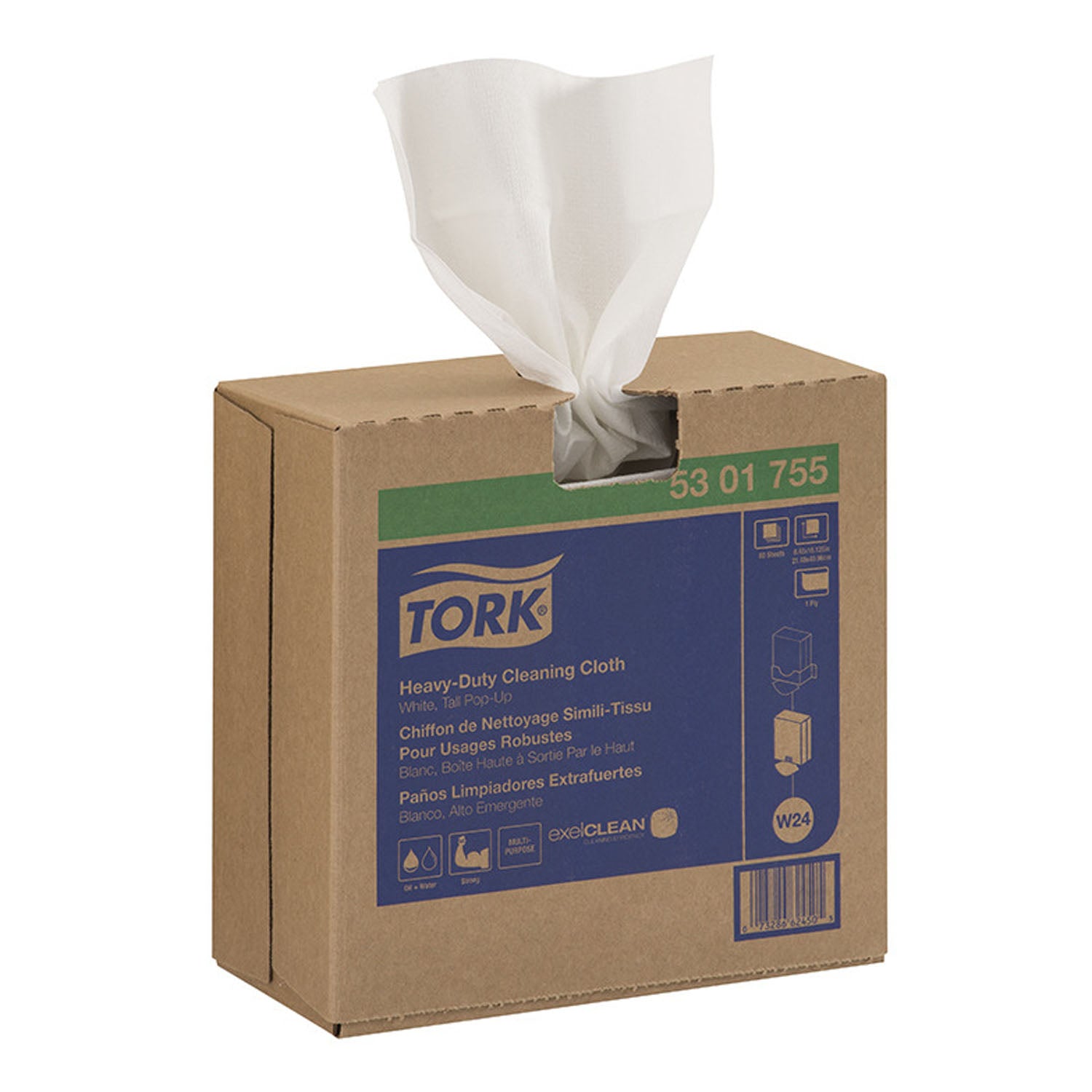 5301755 - Essity Professional Hygiene North America, LLC - 清潔布，重型，彈出式包裝盒，白色，單層，壓紋，W24，16.1英寸 x 8.5英寸，80片/盒，5盒/箱（90箱/托盤），箱裝