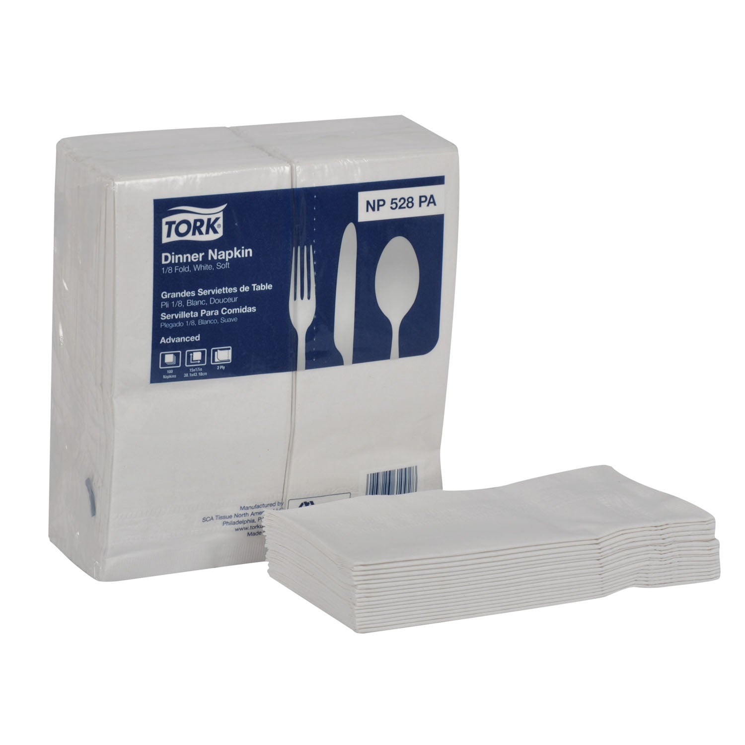 NP528PA - Essity Professional Hygiene North America, LLC - 餐巾紙，1/8 折疊，高級款，白色，雙層，壓花，17 英寸 x 15 英寸，100 張/包，28 包/箱（25 箱/層），箱裝