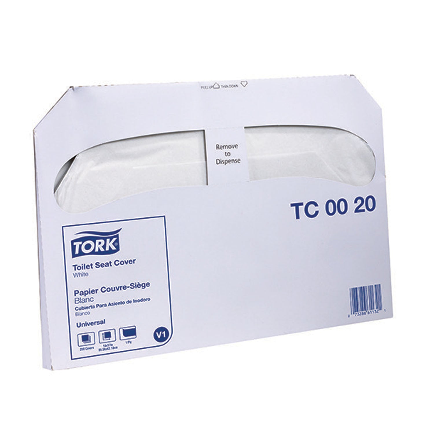 TC0020 - Essity Professional Hygiene North America, LLC - 馬桶座椅套，半折疊，通用型，白色，單層，V1，14.5 英寸 x 9.5 英寸，250 個/包，20 包/箱（40 箱/托盤），箱裝