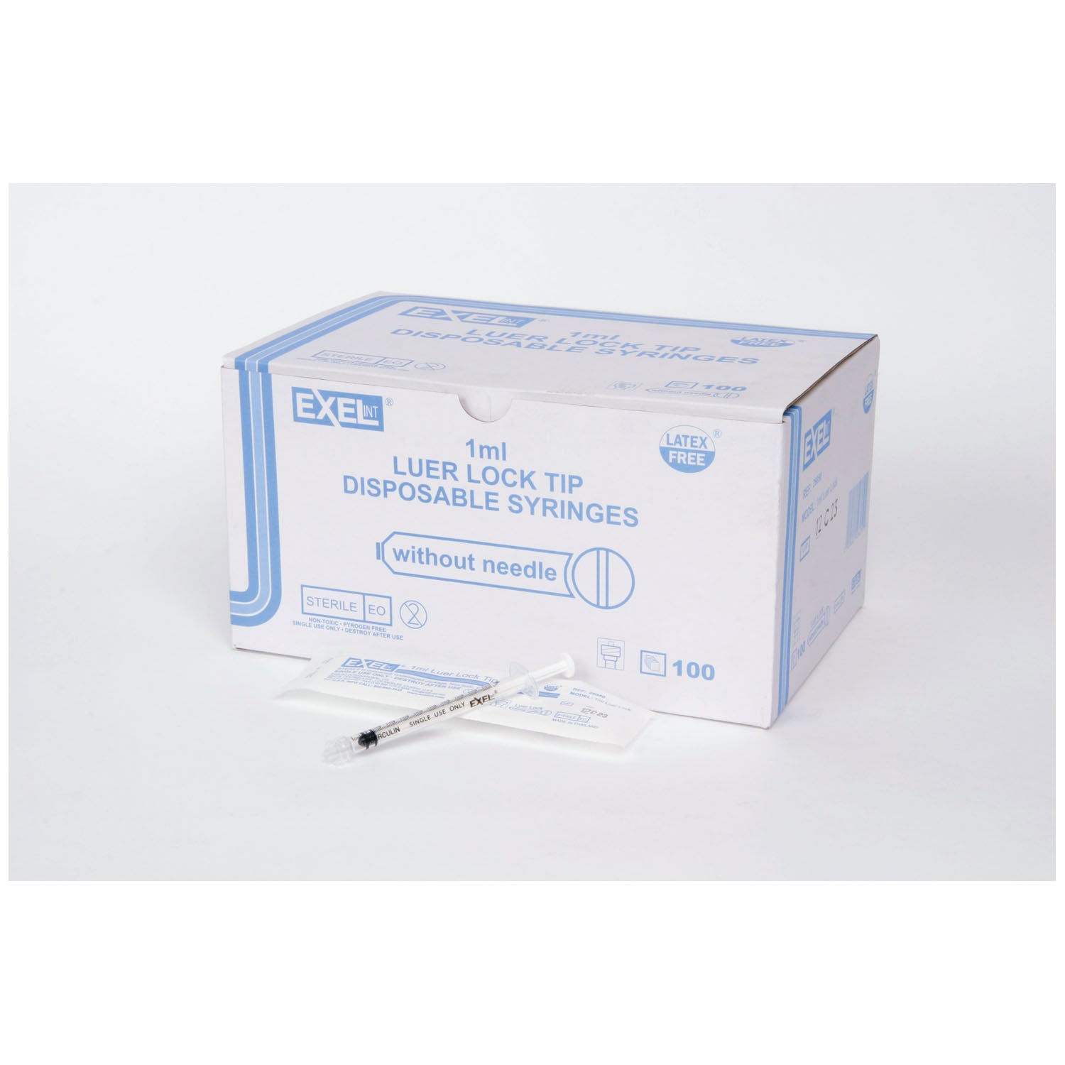 26050 - Exel Corporation - Jeringa únicamente, 1 ml, Luer Lock, 100/caja, 10 cajas/caja (60 cajas/plt), caja