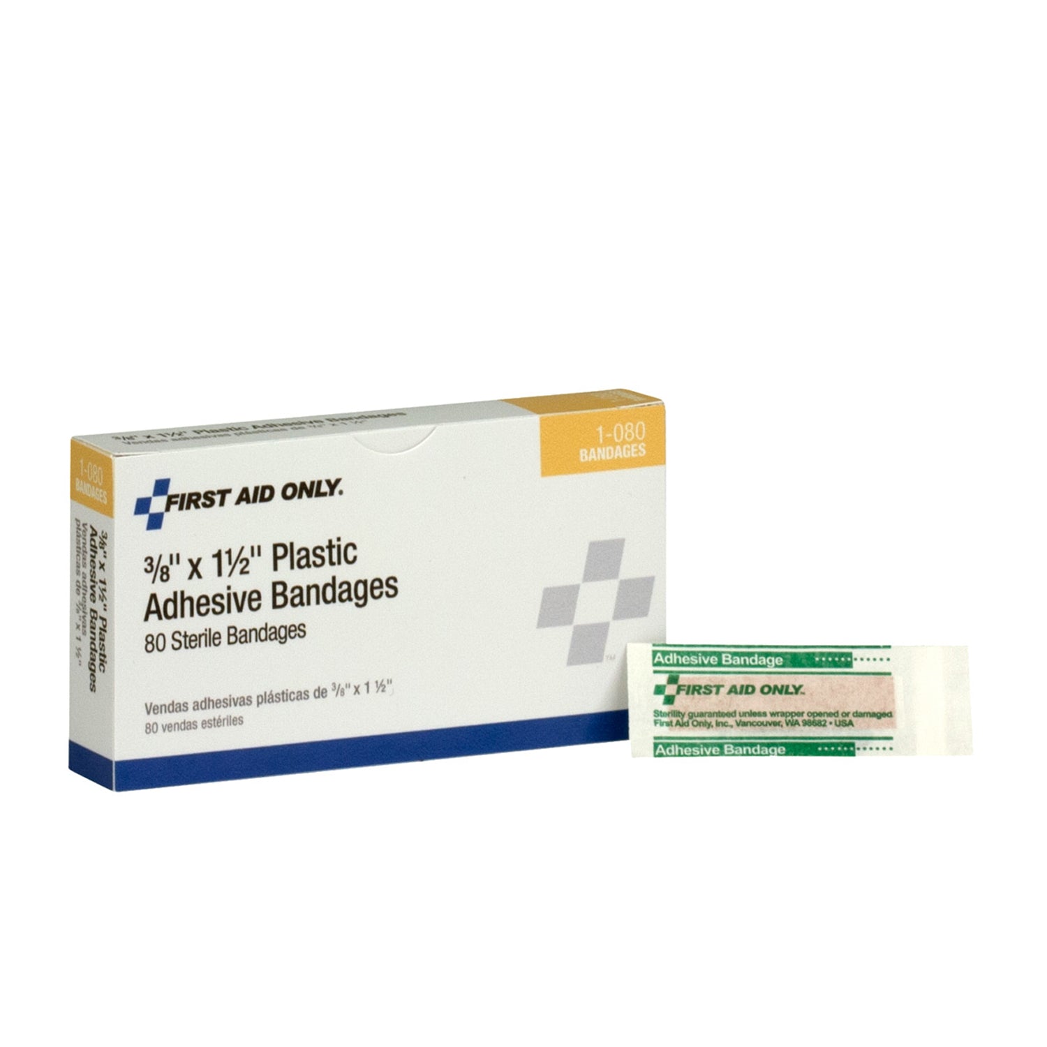 1-080 - First Aid Only/Acme United Corporation - Plastic Bandages, 3/8”x1.5”, 80/bx (DROP SHIP ONLY - $150 Minimum Order)    , bx