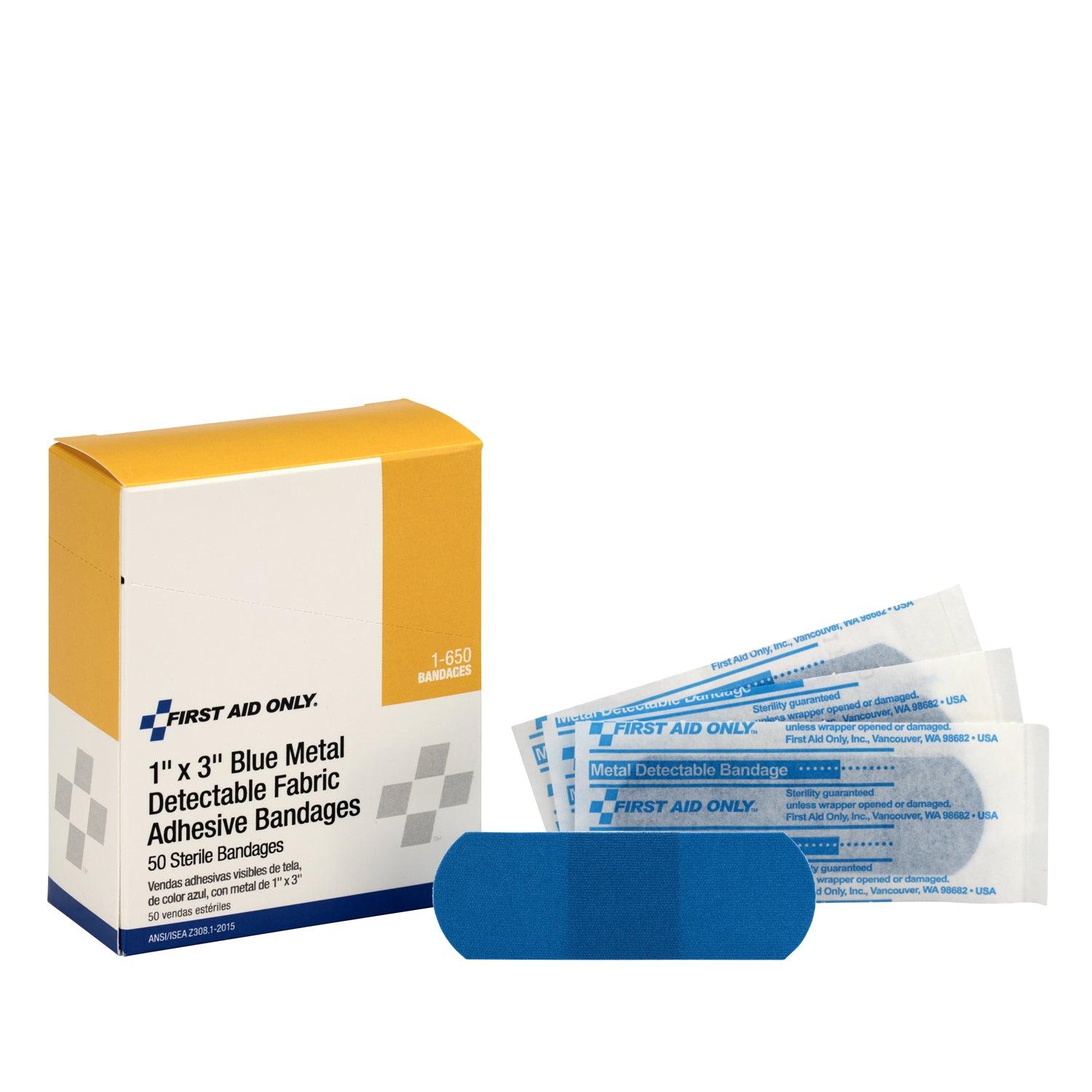 1-650 - First Aid Only/Acme United Corporation - Fabric Bandages, Blue Metal Detectable, 1"x3", 50/bx (DROP SHIP ONLY - $150 Minimum Order)    , bx