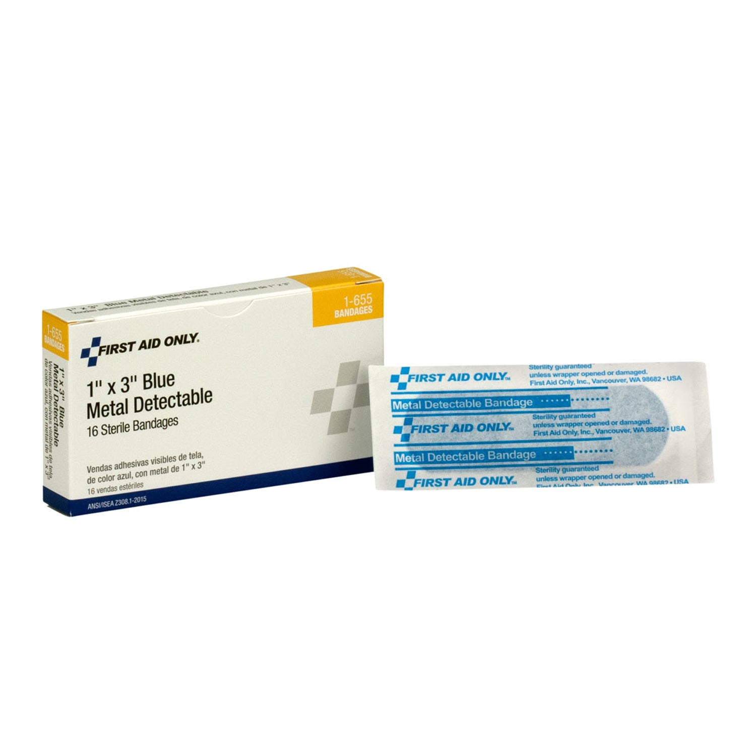 1-655 - First Aid Only/Acme United Corporation - Fabric Bandages, Blue Metal Detectable, 1"x3", 16/bx (DROP SHIP ONLY - $150 Minimum Order)    , bx