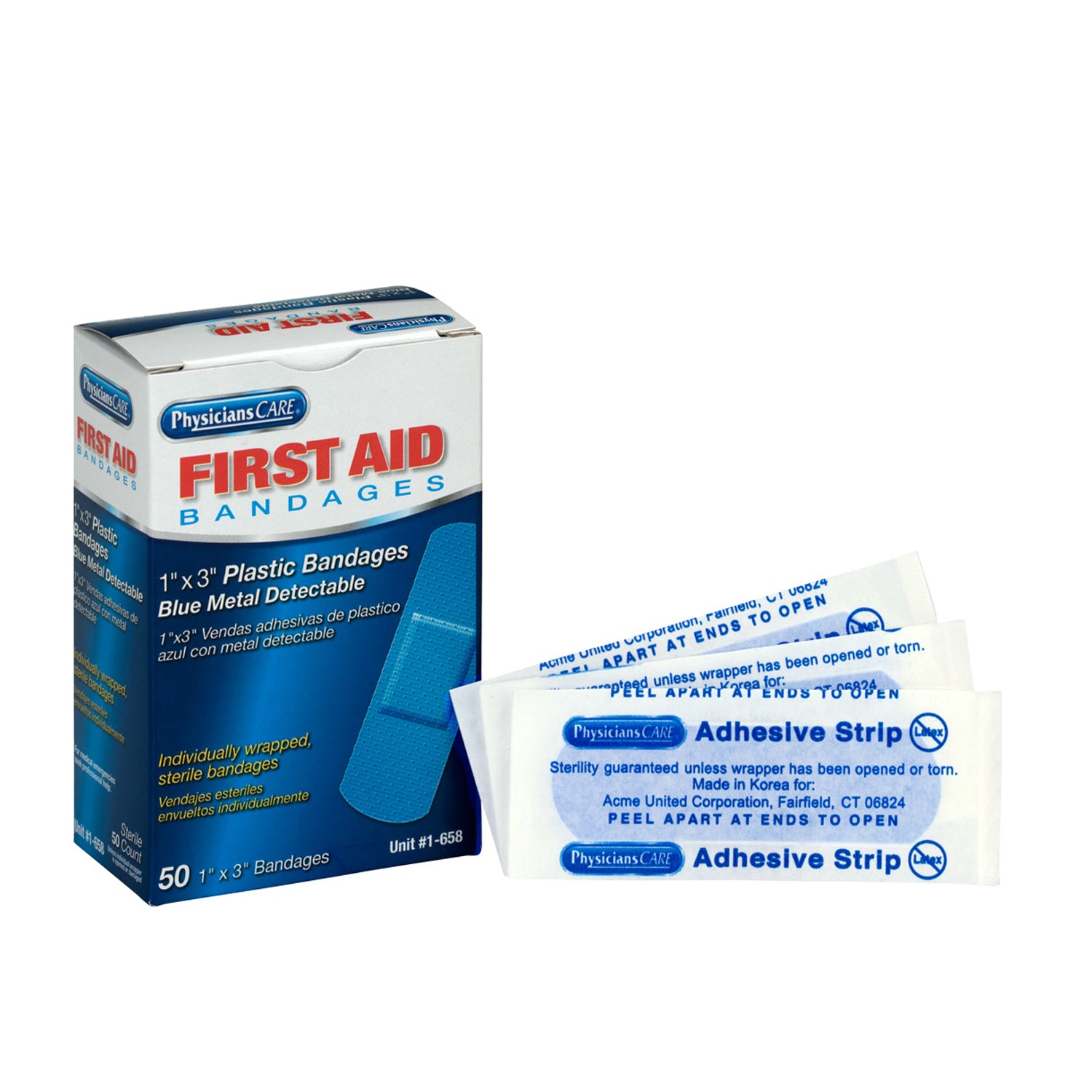 1-658 - First Aid Only/Acme United Corporation - Plastic Bandages, Blue Metal Detectable, 1"x3", 50/bx (DROP SHIP ONLY - $150 Minimum Order)    , bx