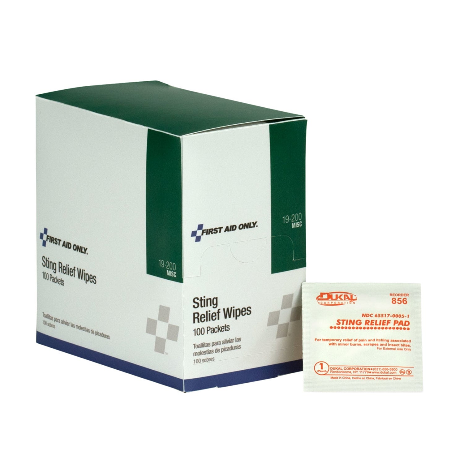 19-200 - Solo primeros auxilios/Acme United Corporation - Toallitas para aliviar picaduras, 100/caja (SOLO ENVÍO DIRECTO - Pedido mínimo de $150), caja