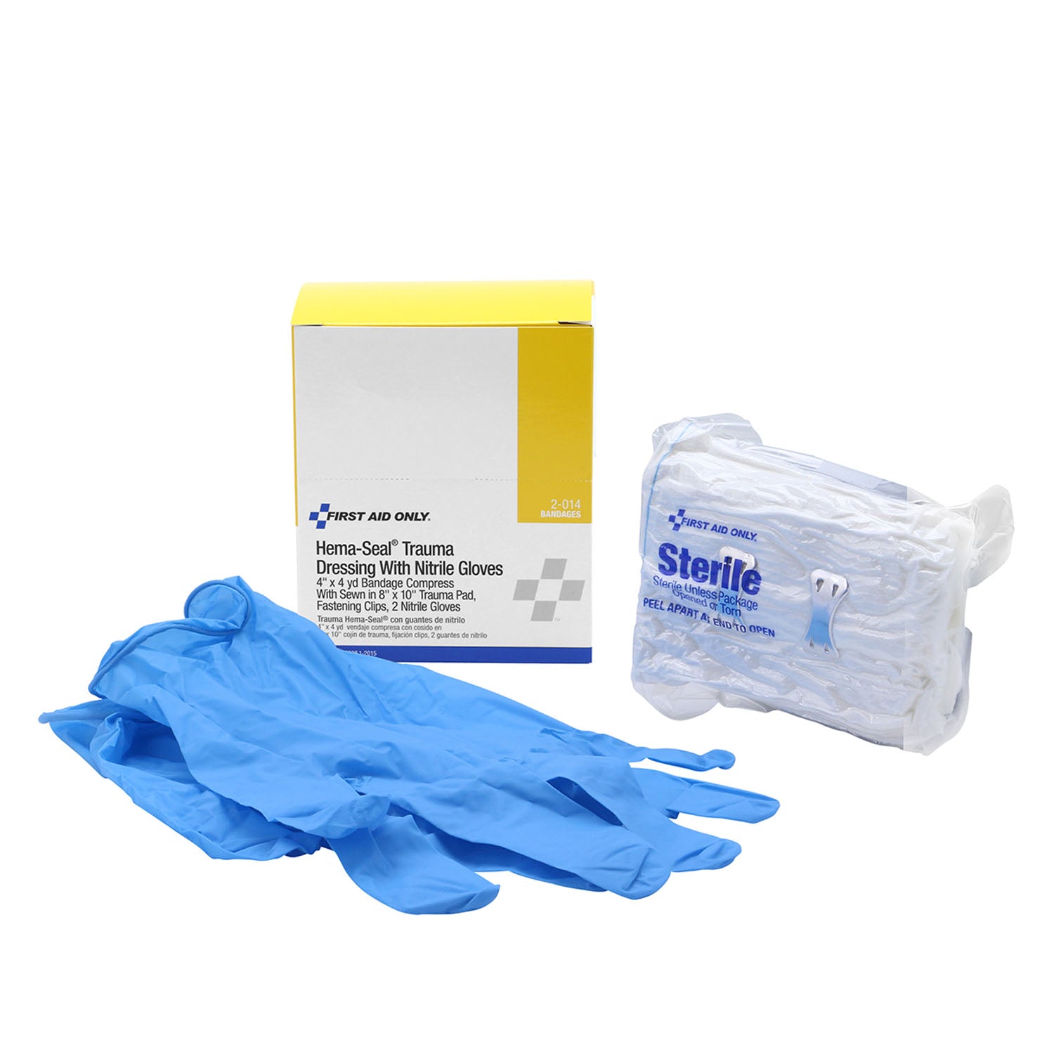 2-014-001 - Primeros auxilios únicamente/Acme United Corporation - Apósito para traumatismos Hema-Seal, 8" x 10", (2) guantes de nitrilo (SOLO ENVÍO DIRECTO - Pedido mínimo de $150) c/u