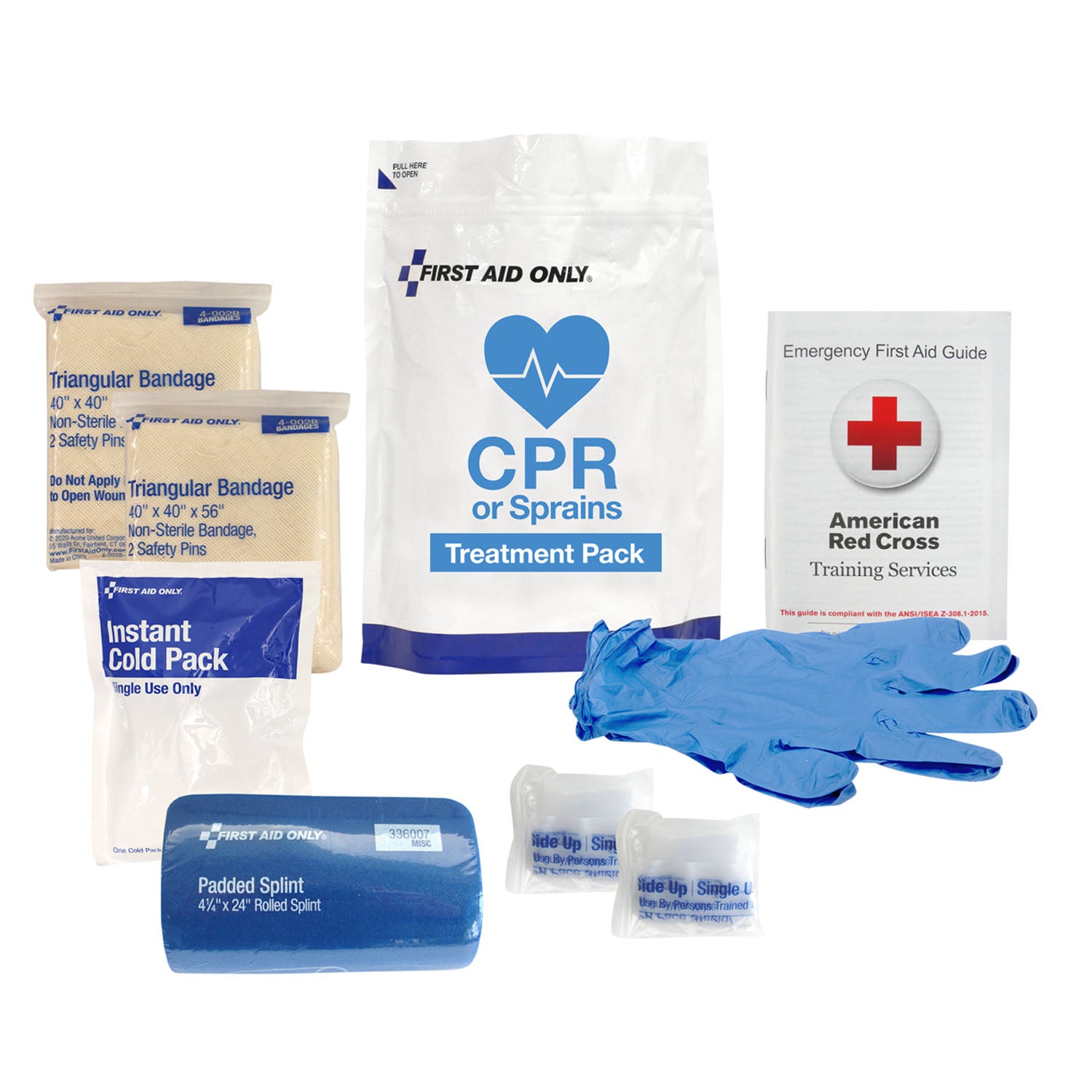 91165 - First Aid Only/Acme United Corporation - CPR & Sprains Treatment Pack, Includes: (1) Padded Splint, (1) First Aid Guide, (2) CPR Face Shields, (2) Triangular Bandages, (1) Instant Cold Pack and (2) Nitrile Exam Gloves (DROP SHIP ONLY)    , pk