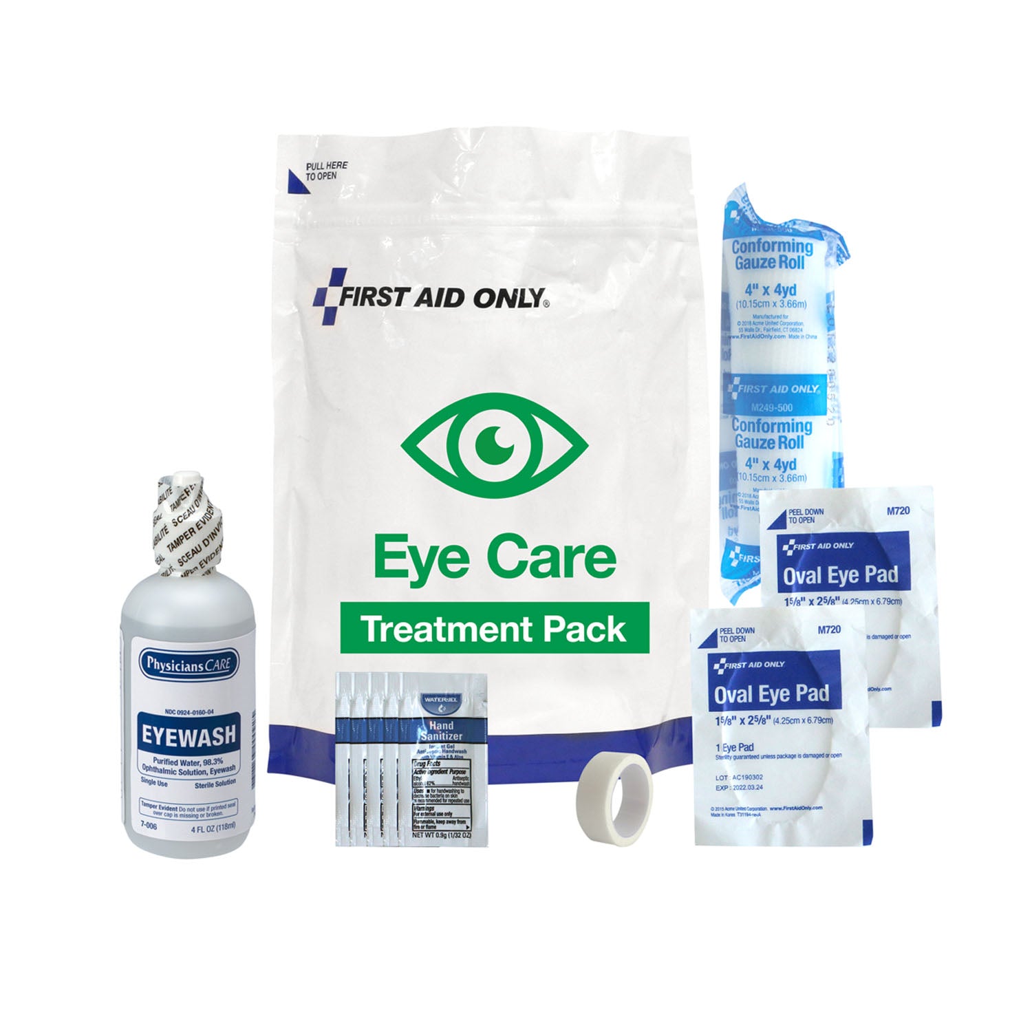 91168 - First Aid Only/Acme United Corporation - Eye Care Treatment Pack, Includes: (1) Eye Wash (4oz), (2) Sterile Eye Pads, (1) Conforming Gauze Roll (4"), (1) First Aid Tape (1/2"x5yds) and (5) Hand Sanitizer Packets (DROP SHIP ONLY)    , pk