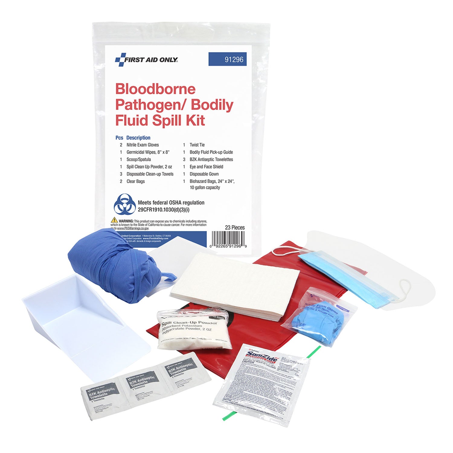 91296 - First Aid Only/Acme United Corporation - Bloodborne Pathogen/Bodily Fluid Spill Kit, 23 Piece, Includes: (2) Nitrile Exam Gloves, (1) Germicidal Wipes - 8"x8", (1) Scoop/Spatula, (1) Spill Clean Up Powder - 2oz, (3) Disposable Clean-up Towels, (2