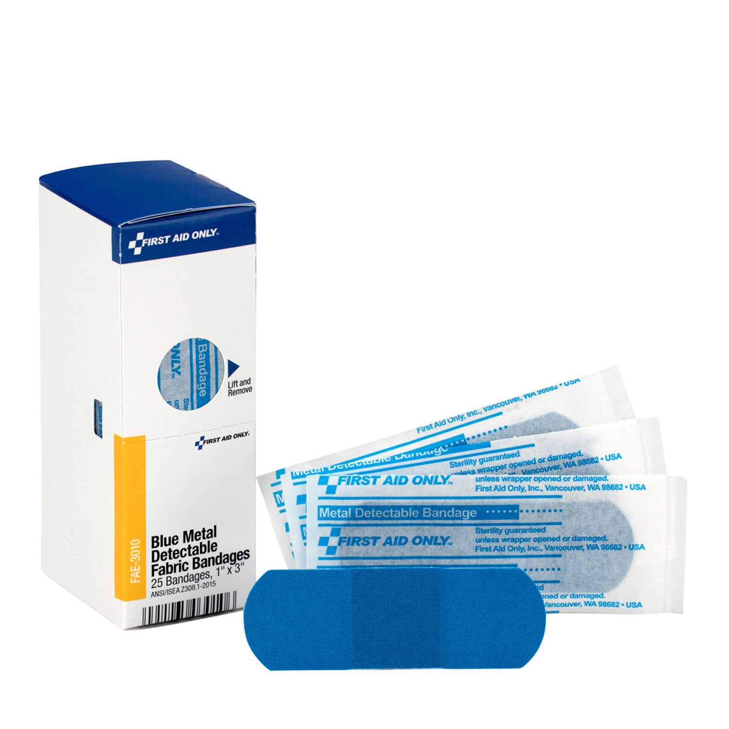 FAE-3010 - First Aid Only/Acme United Corporation - SC Refill, 1"x3", Blue Metal Detectable Bandage+E57:E75s, 25/bx (DROP SHIP ONLY - $150 Minimum Order)    , bx
