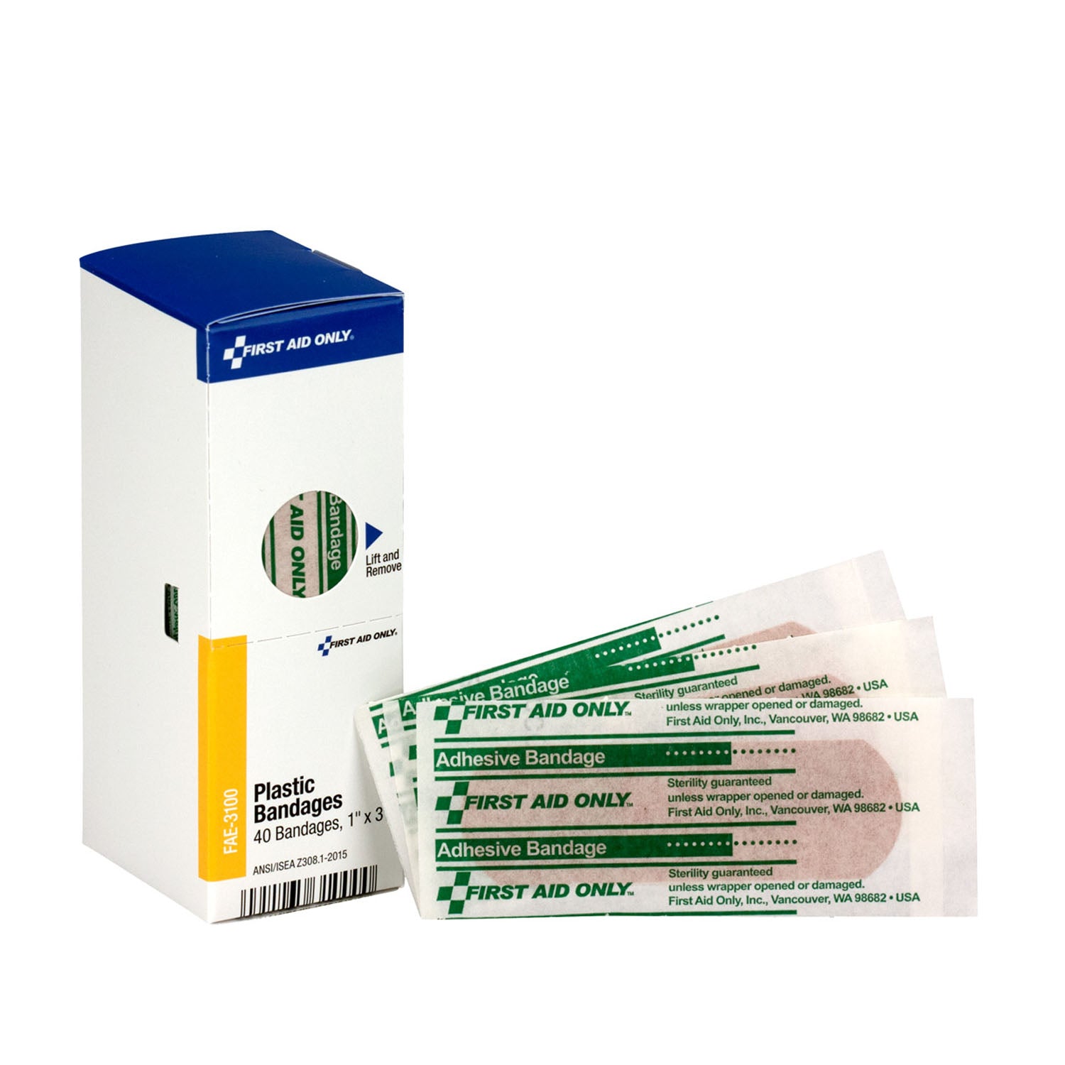 FAE-3100 - Primeros auxilios/Acme United Corporation - Repuesto SC, incluye: vendas plásticas de 1" x 3", 40/caja (SOLO ENVÍO DIRECTO - Pedido mínimo de $150), caja
