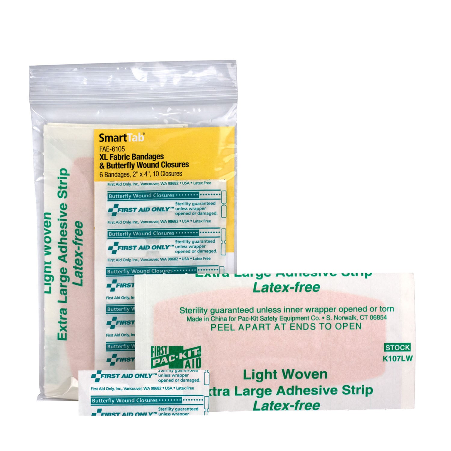 FAE-6105 - Primeros auxilios solamente/Acme United Corporation - Repuesto SC, incluye: vendajes adhesivos de tela de 2" x 4" (6), vendajes de plástico tipo mariposa (10) (SOLO ENVÍO DIRECTO - Pedido mínimo de $150), c/u
