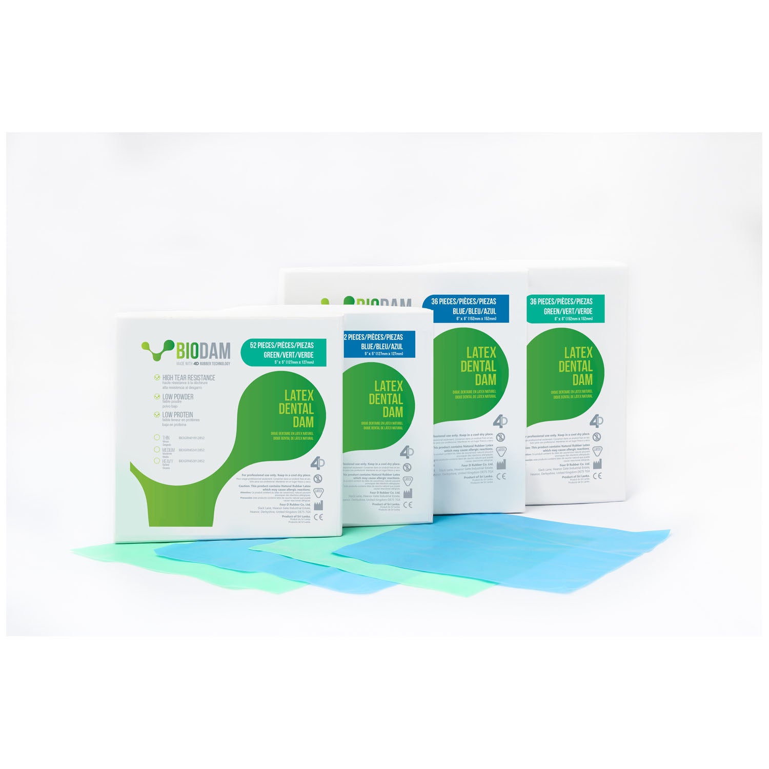 BIOBLU01812852 - Four D Rubber Co Ltd - Biodam 乳膠牙科橡皮障，5 英寸 x 5 英寸，薄型，藍色，52 片/盒