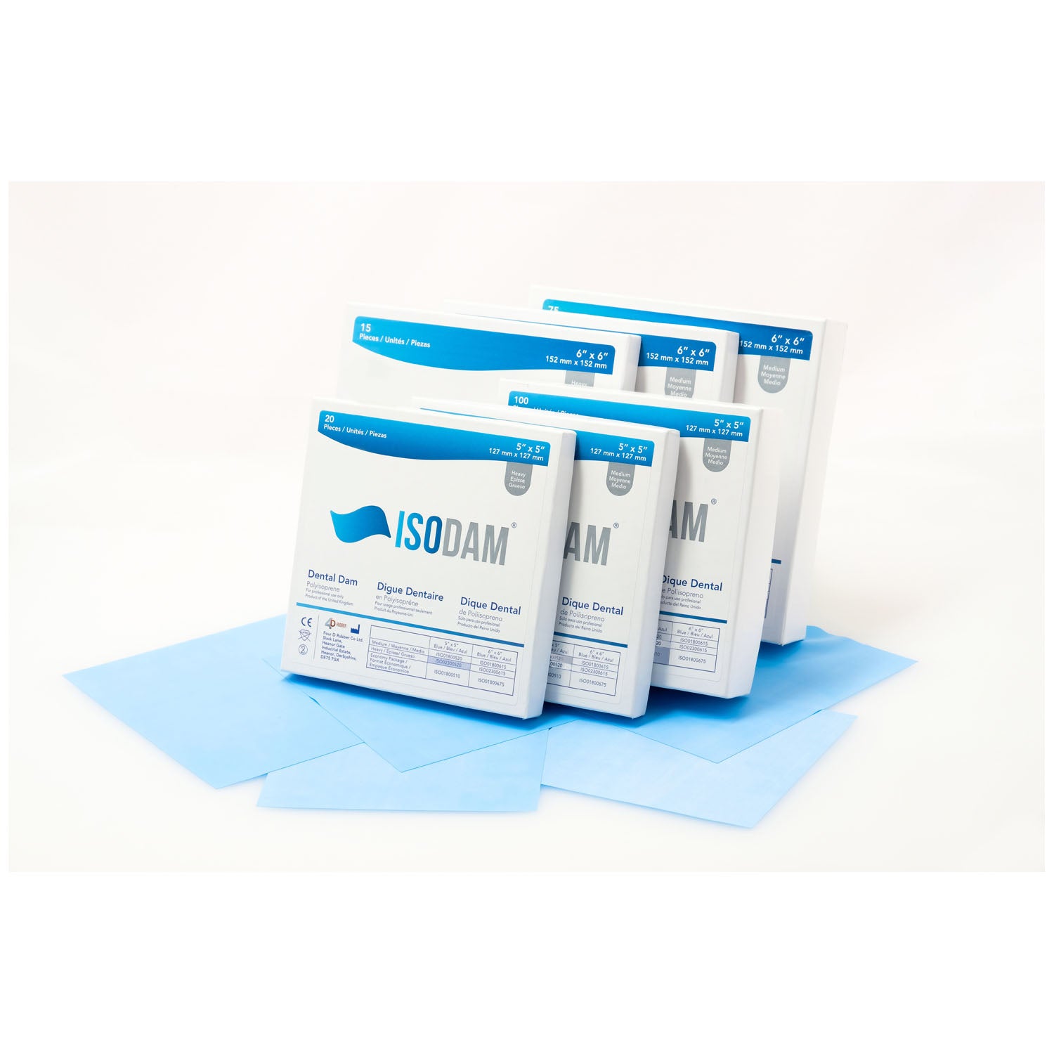 ISO02300615 - Four D Rubber Co Ltd - Isodam，非乳膠，6英寸 x 6英寸，藍色，加厚型（厚度0.23毫米-0.28毫米），15片/盒，盒裝
