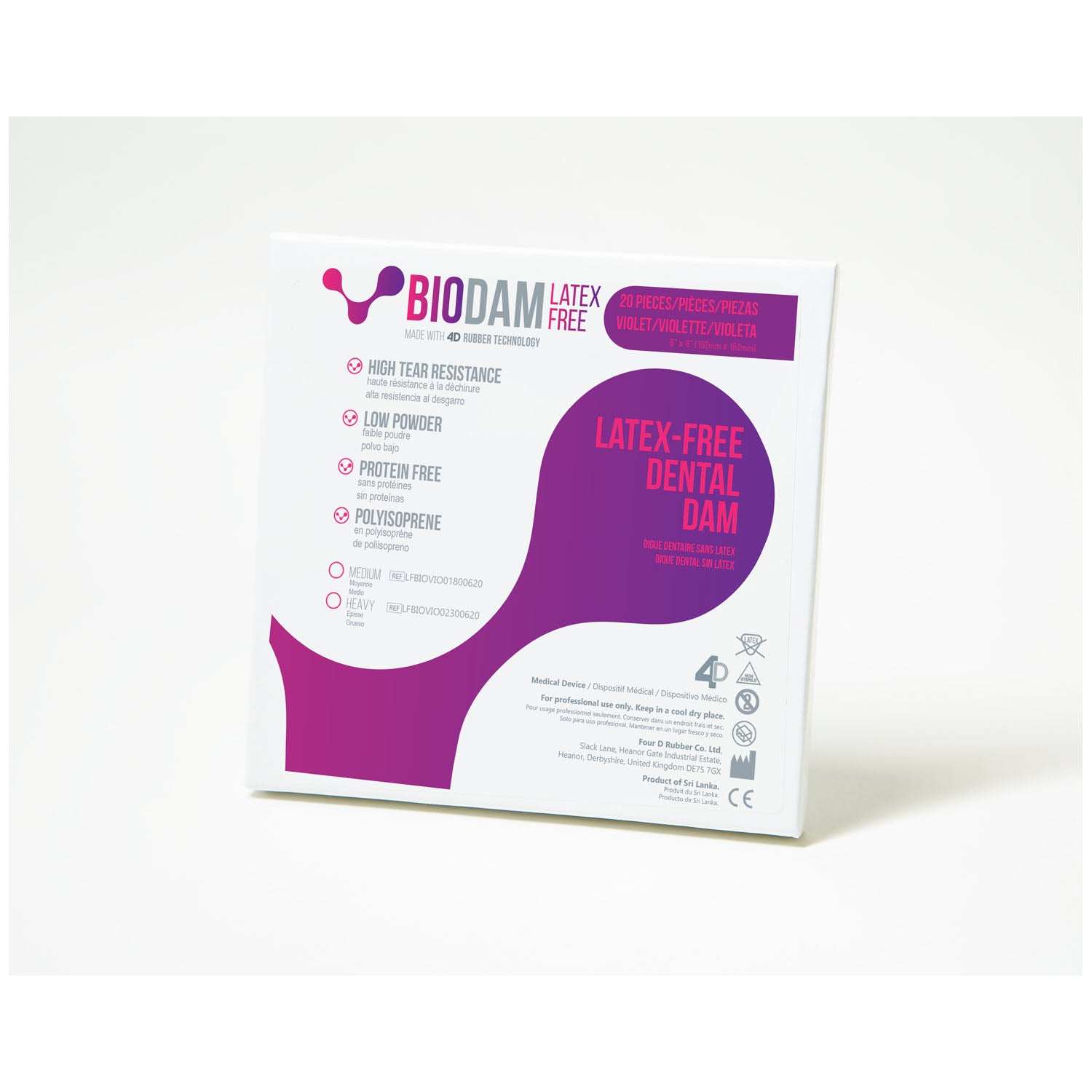 LFBIOVIO01800620 - Four D Rubber Co Ltd - Biodam, 6" x 6", Violet, Medium, Latex-free, 20 pieces/bx    , bx