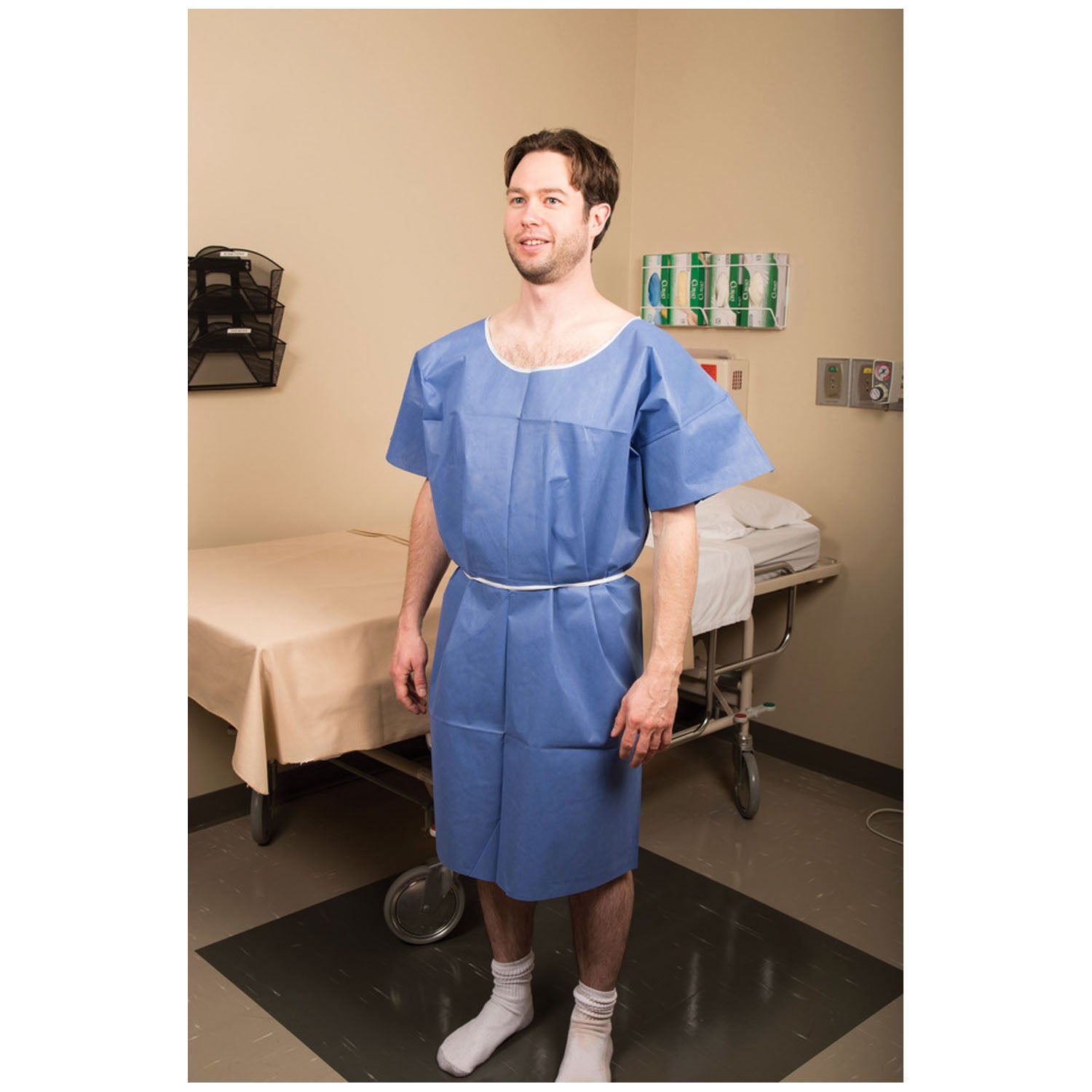 65334 - Graham Medical - Bata de examen, no tejida, 76,2 cm x 117,6 cm, azul (corbata blanca), grande, 50 unidades