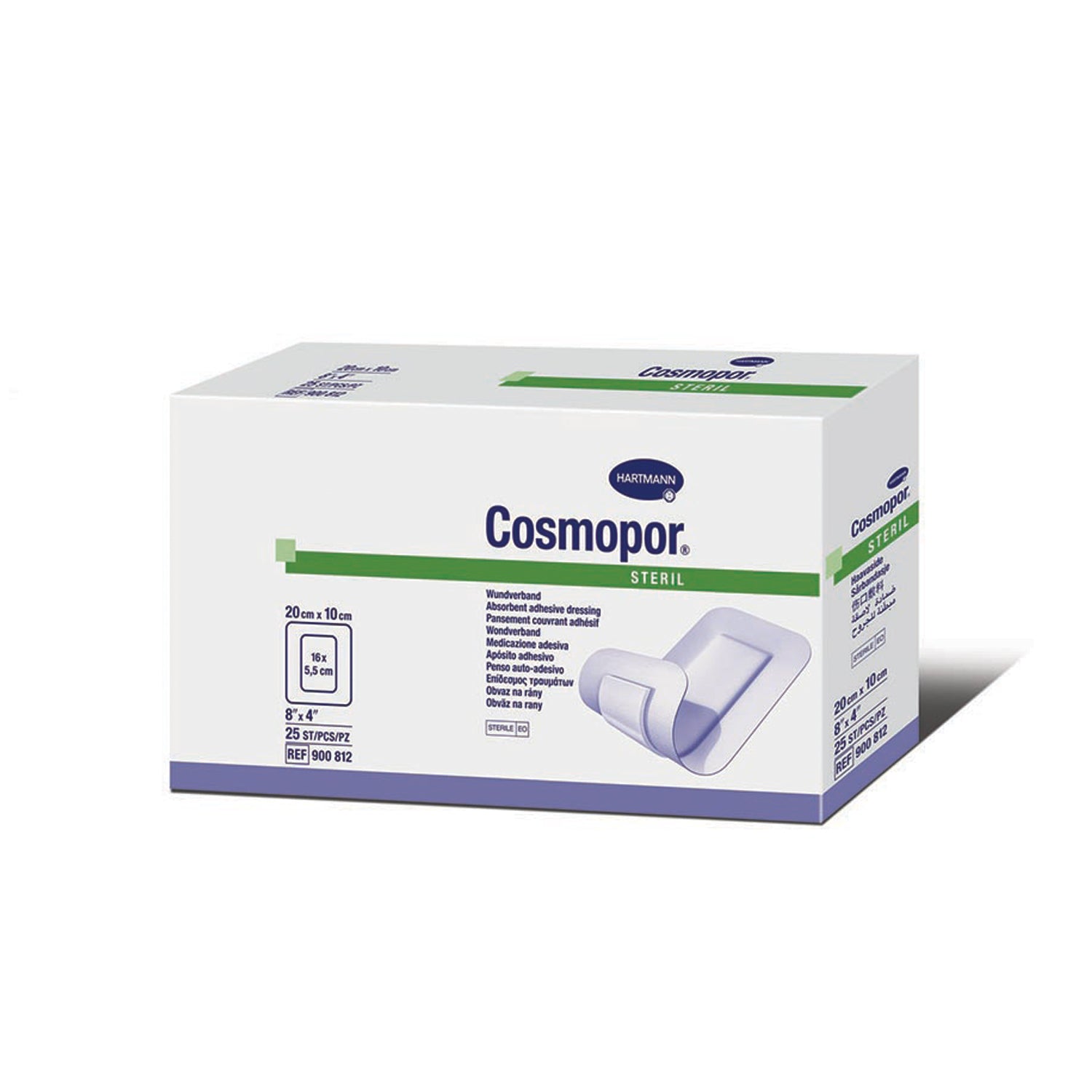 900812 - Hartmann USA, Inc. - Apósito para heridas, 8" x 4", estéril, 25/caja (Hartmann tiene un mínimo de $3000 para pedidos con envío directo), caja
