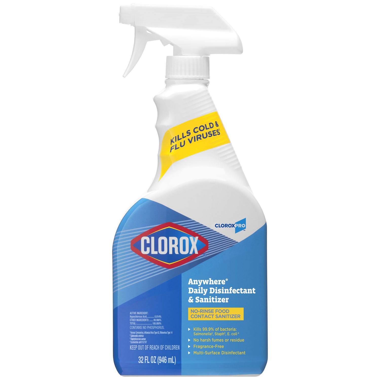 01698 - 高樂氏銷售公司 - CloroxPro™ Anywhere® 日常消毒劑和殺菌劑，免沖洗食品接觸消毒劑，可殺滅感冒和流感病毒，32 液盎司，12 瓶/箱（僅限美國大陸地區），cs