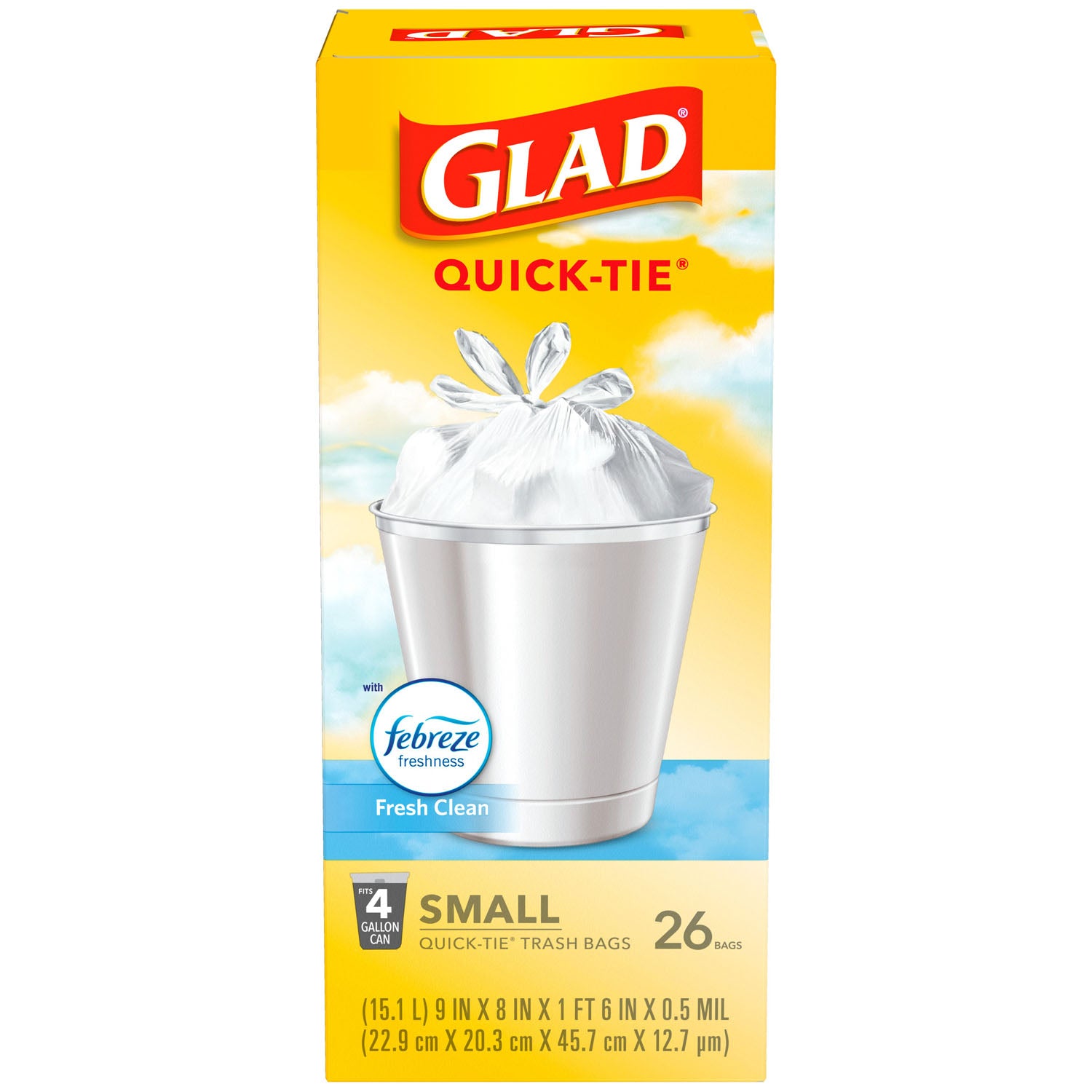 78812 - Clorox Sales Company - Bolsas de basura pequeñas Glad® - Bolsa de basura blanca OdorShield® de 4 galones, con aroma fresco y Febreze, 26/caja, 4 cajas/caja (solo EE. UU. continentales), caja