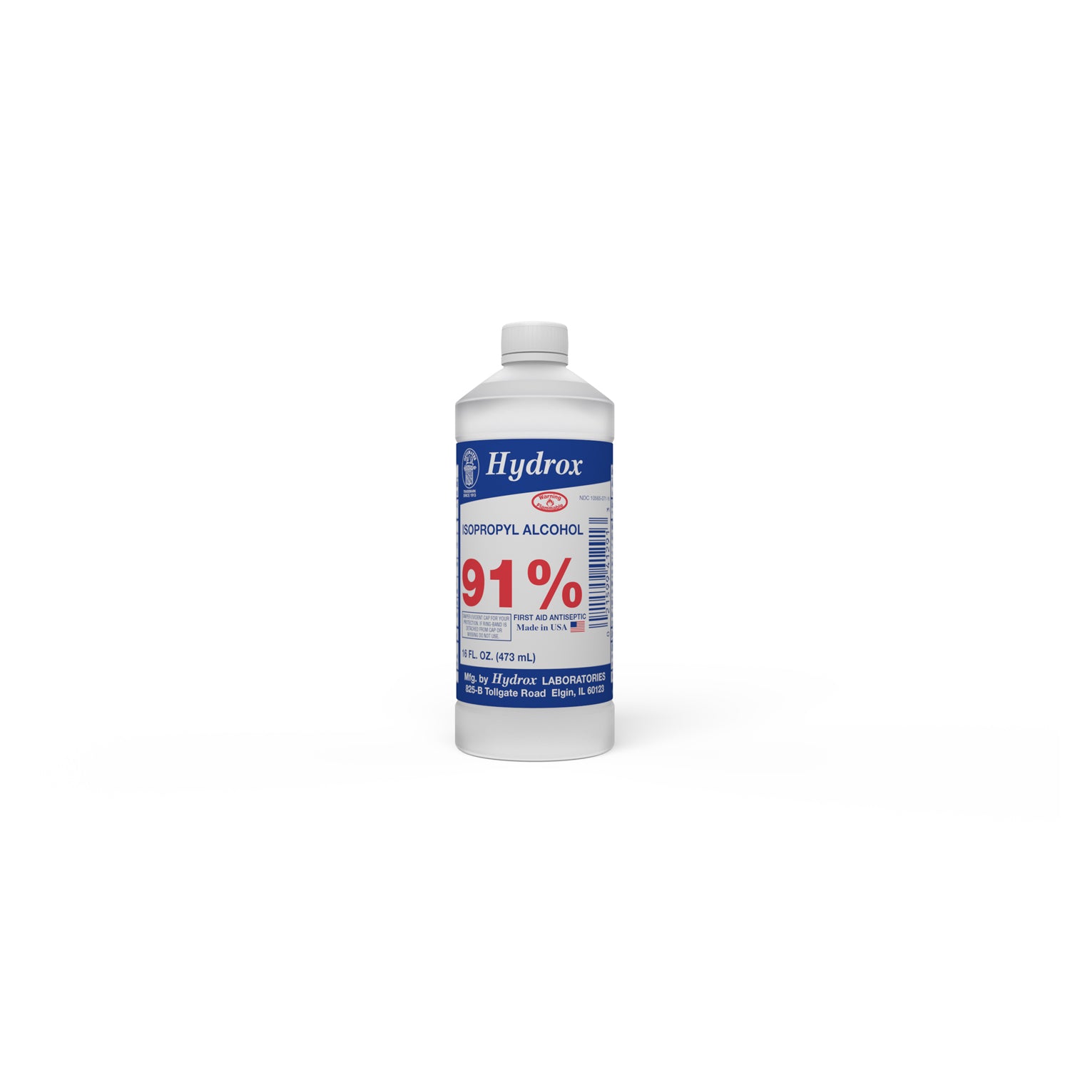 D0042 - Hydrox Laboratories - Isopropyl Alcohol 91%, Round Bottle, 16 oz, 12 btl/cs (144 cs/plt) (US Only) (HAZMAT Fees Apply, cannot ship via Air or to AK, GU, HI, MP, PR, VI)     , cs
