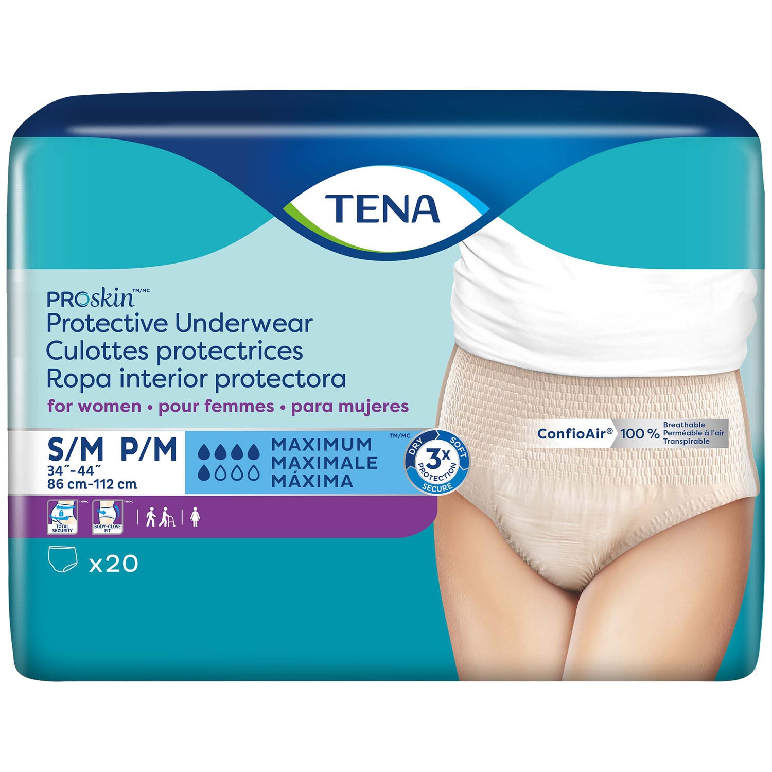 73020 - Essity Health &amp; Medical Solutions - Ropa interior protectora para mujer, talla pequeña/mediana, talla de cadera de 86 a 112 cm, color piel, paquete de 20, paquete de 4 (solo EE. UU. continental), caja