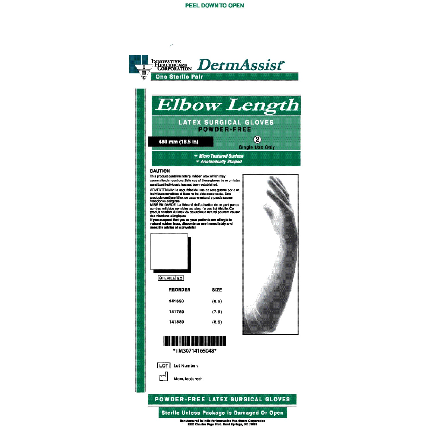 141750 - Innovative Healthcare Corp., Inc. - Gloves, Surgical, Powder Free (PF), Size 7½, Latex, Sterile, Textured, Elbow Length (18½"), 25 pr/bx, 4 bx/cs    , cs