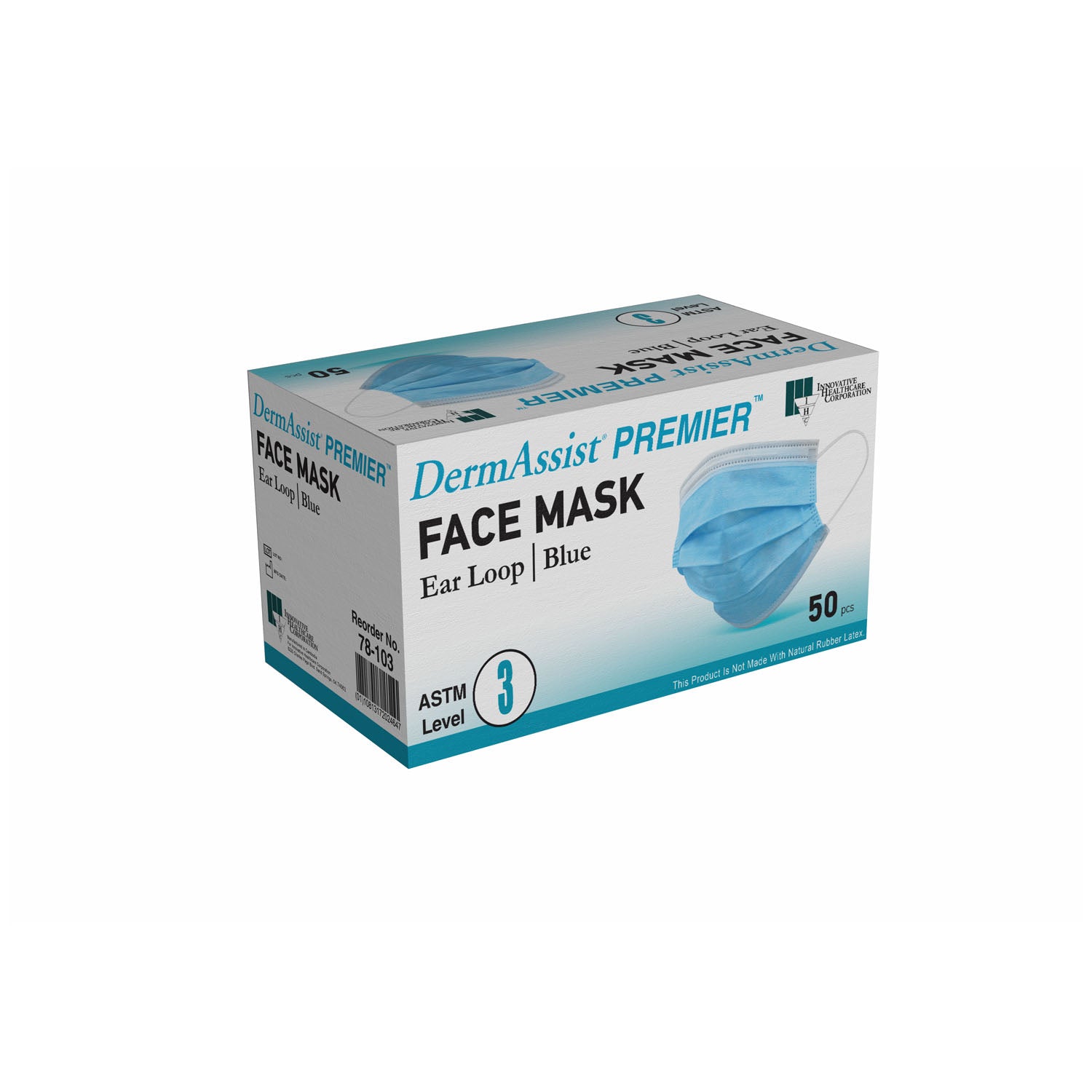78-103 - Innovative Healthcare Corp., Inc. - Mask, Procedure, Ear Loop, Pleated, Latex Free (LF), 3-Ply, Blue, ASTM Level 3, 50/dispenser, 10 disp/cs    , cs