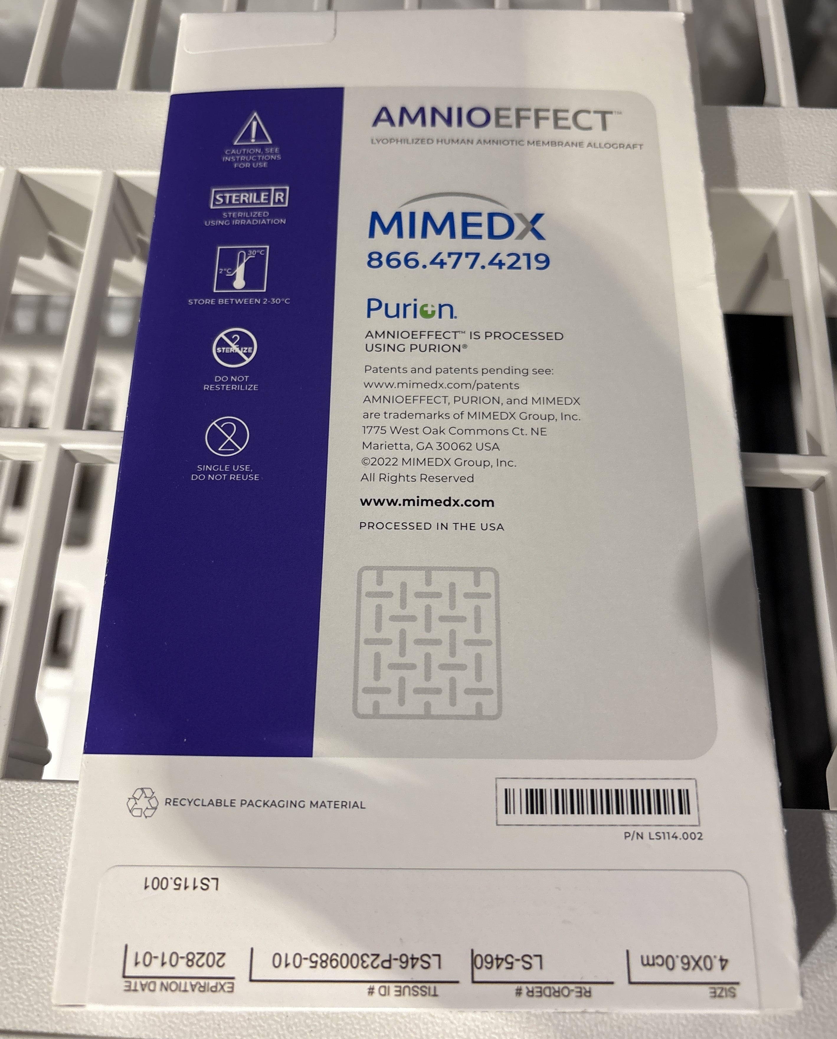 LS-5460 – MIMEDX - AminoEffect Lyophilized Human Amniotic Membrane Allograft 4cm x 6cm, (BX/1), ( Expiry Date: 2028-01-01 )