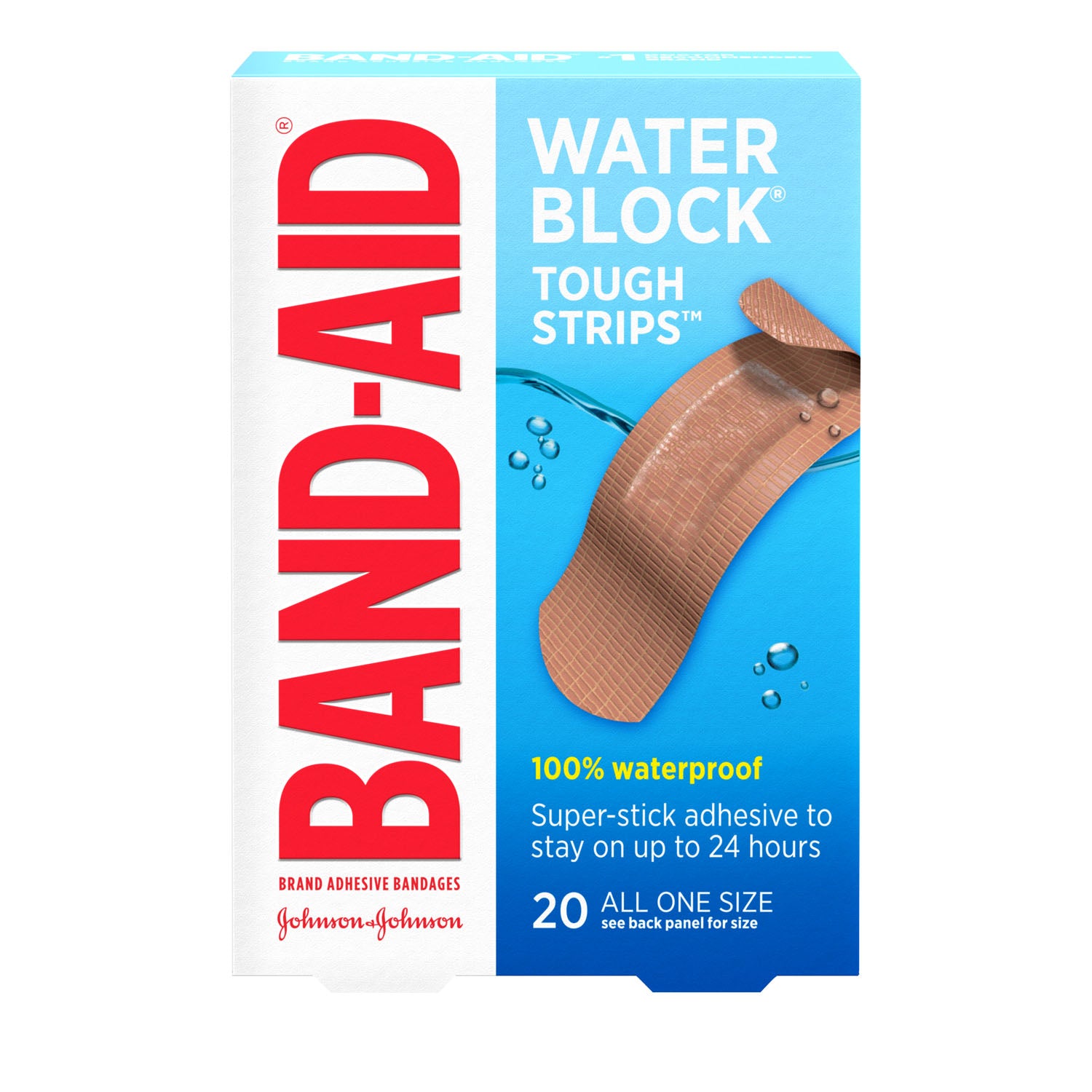 117136 - Kenvue - Vendajes adhesivos, bloqueadores de agua, tira resistente, talla única, 20 unidades, 5/caja, 4 cajas/caja (solo EE. UU. continental e HI) (Precios sujetos a cambios sin previo aviso), caja