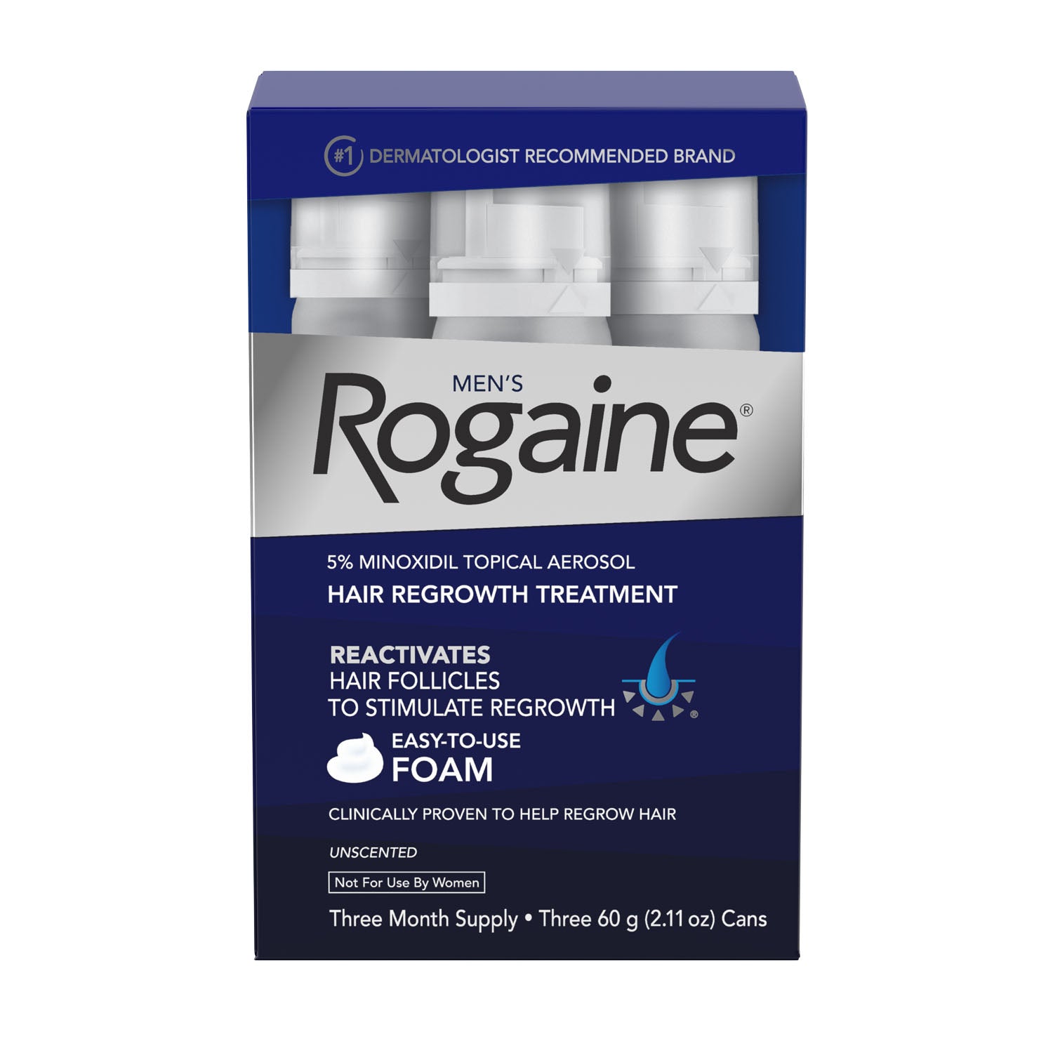 78135 - Kenvue - Men's Rogaine® Hair Regrowth Treatment, Foam, 5% Minoxidil Topical Aerosol, 3 Month Supply, Unscented, 2.11  oz. Can, 3/bx, 6 bx/cs (Continental US+HI Only) (Pricing Subject to Change without Prior Notification)    , cs
