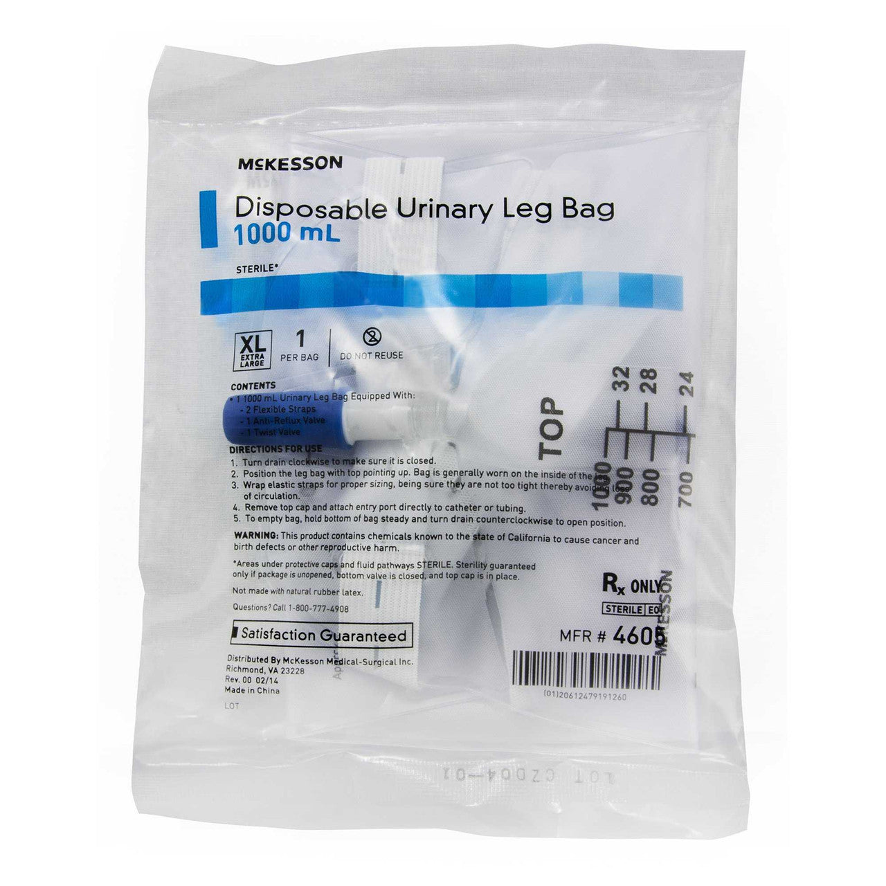 911680 - McKesson - McKesson Urinary Leg Bag with Anti-Reflux Valve and Vinyl Straps, without Tubing, Blunt Cannula, 1L, Case of 48, (CS)